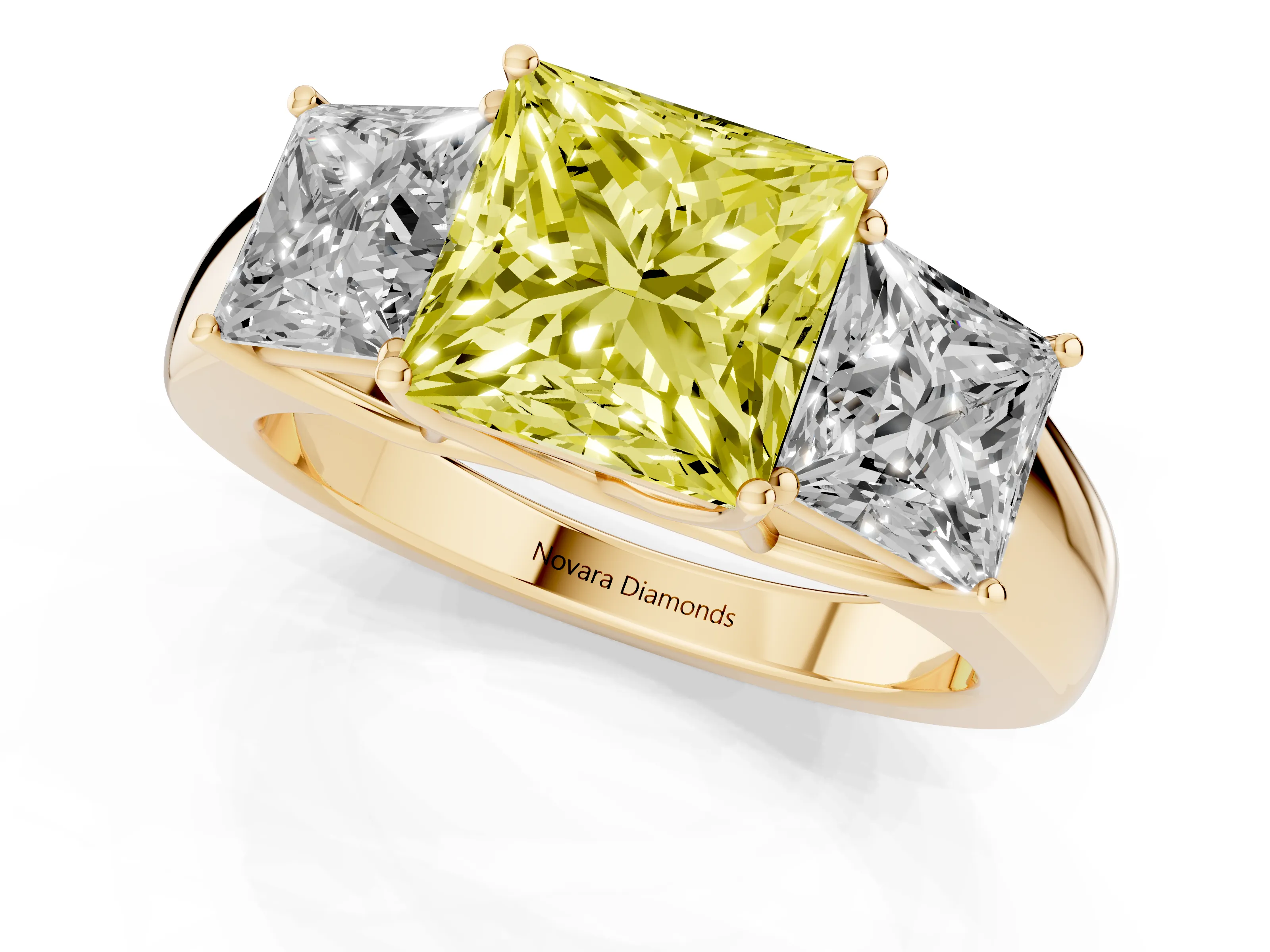 Fancy Yellow Three-Stone Princess Cut Diamond Ring Set in Yellow gold with Matching Prong Settings and Plain Band