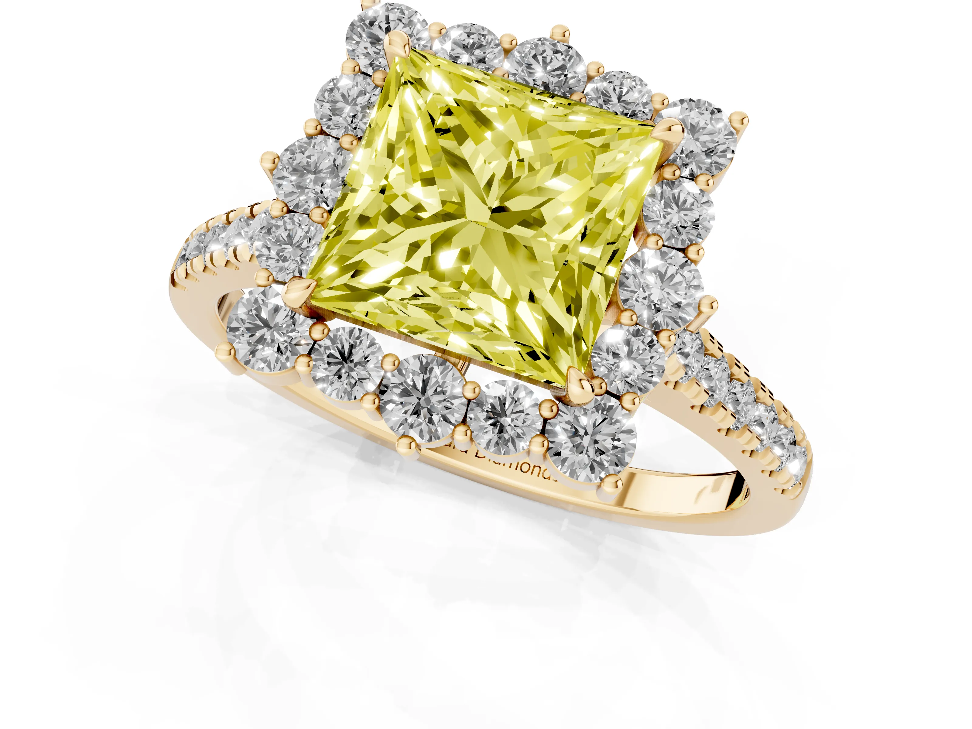 Fancy Yellow Princess Cut Diamond Halo Ring Set in Yellow gold with Pavé Band and Prong Setting