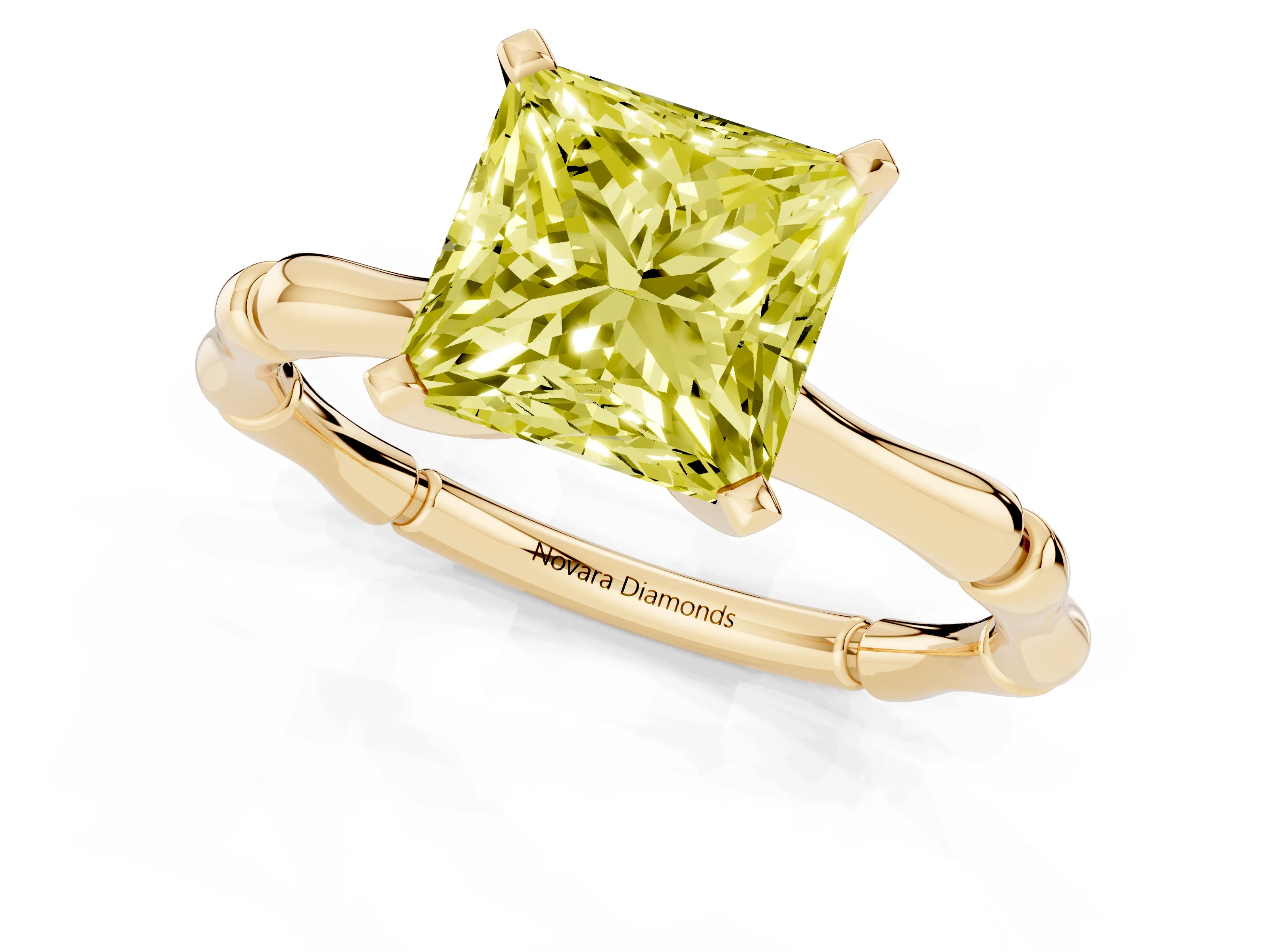 Fancy Yellow Princess Cut Diamond Solitaire Ring Set in Yellow gold with Bamboo Band and Prong Setting