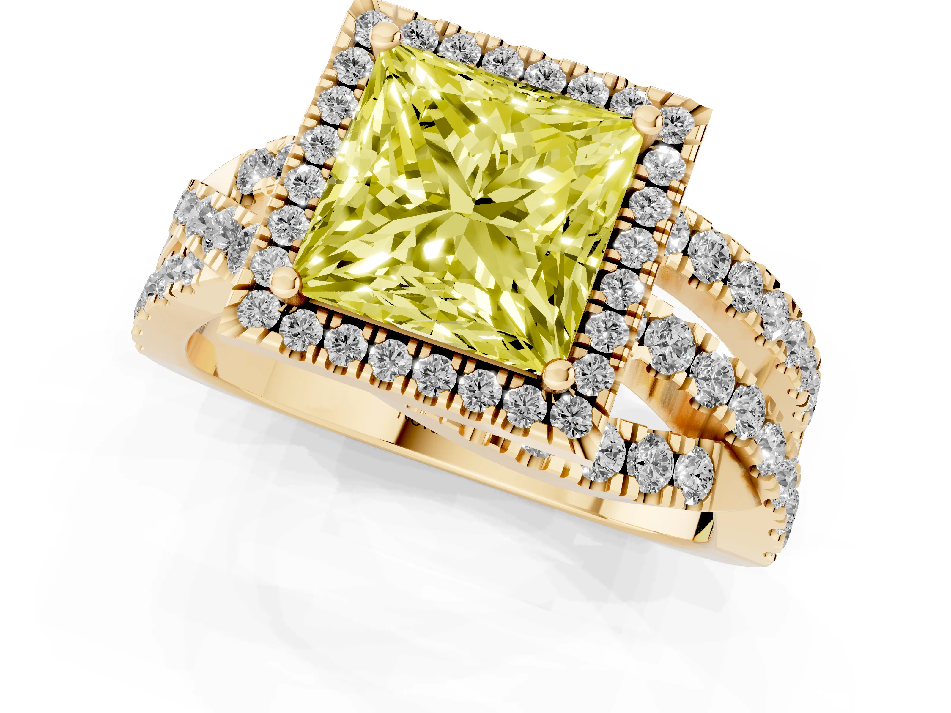 Fancy Yellow Princess Cut Diamond Halo Ring Set in Yellow gold with Round Crossover Split Shank and Prong Setting