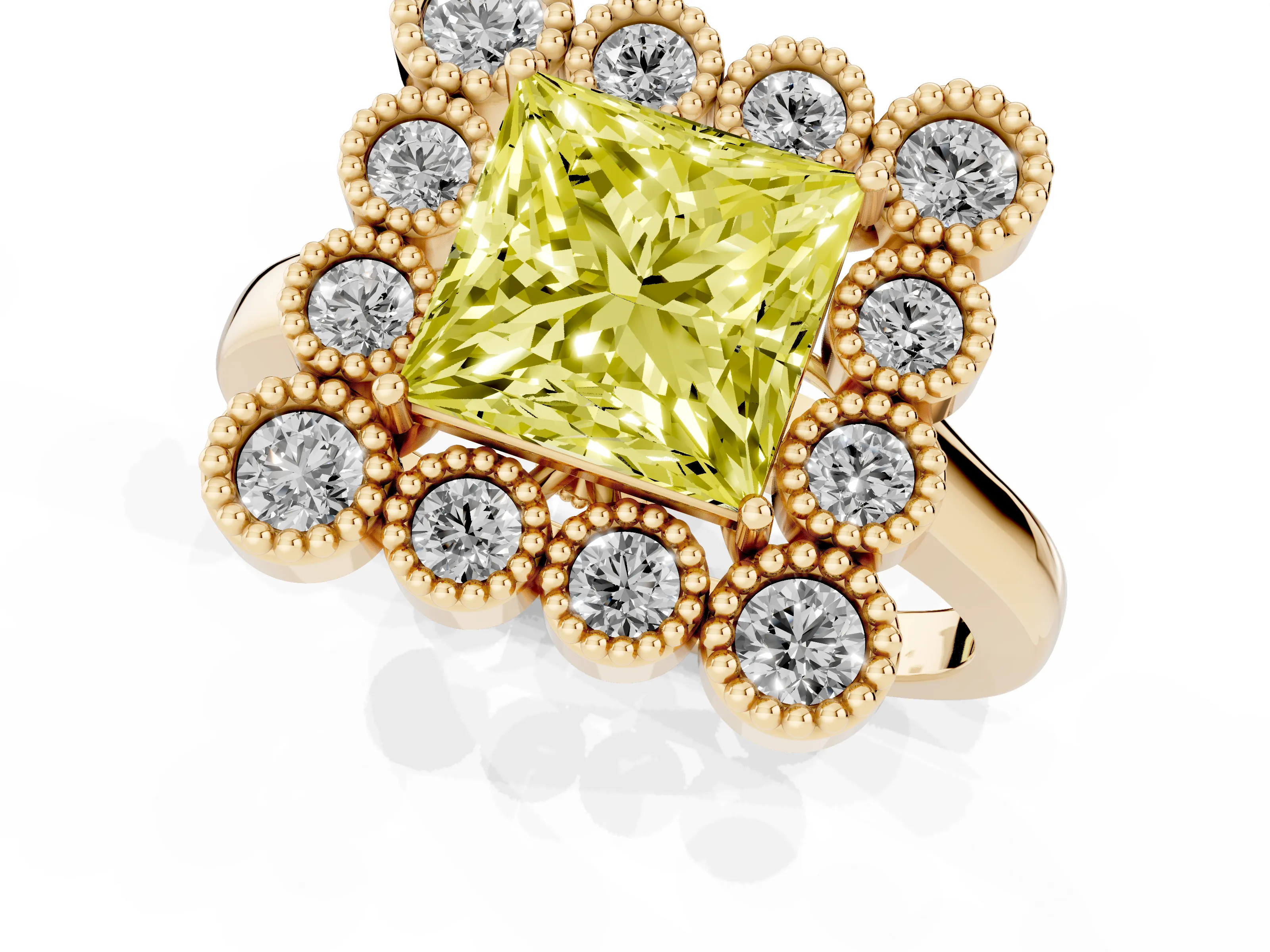 Fancy Yellow Princess Cut Diamond Cluster Halo Ring Set in Yellow gold with Milgrain Bezel Accents and Plain Band