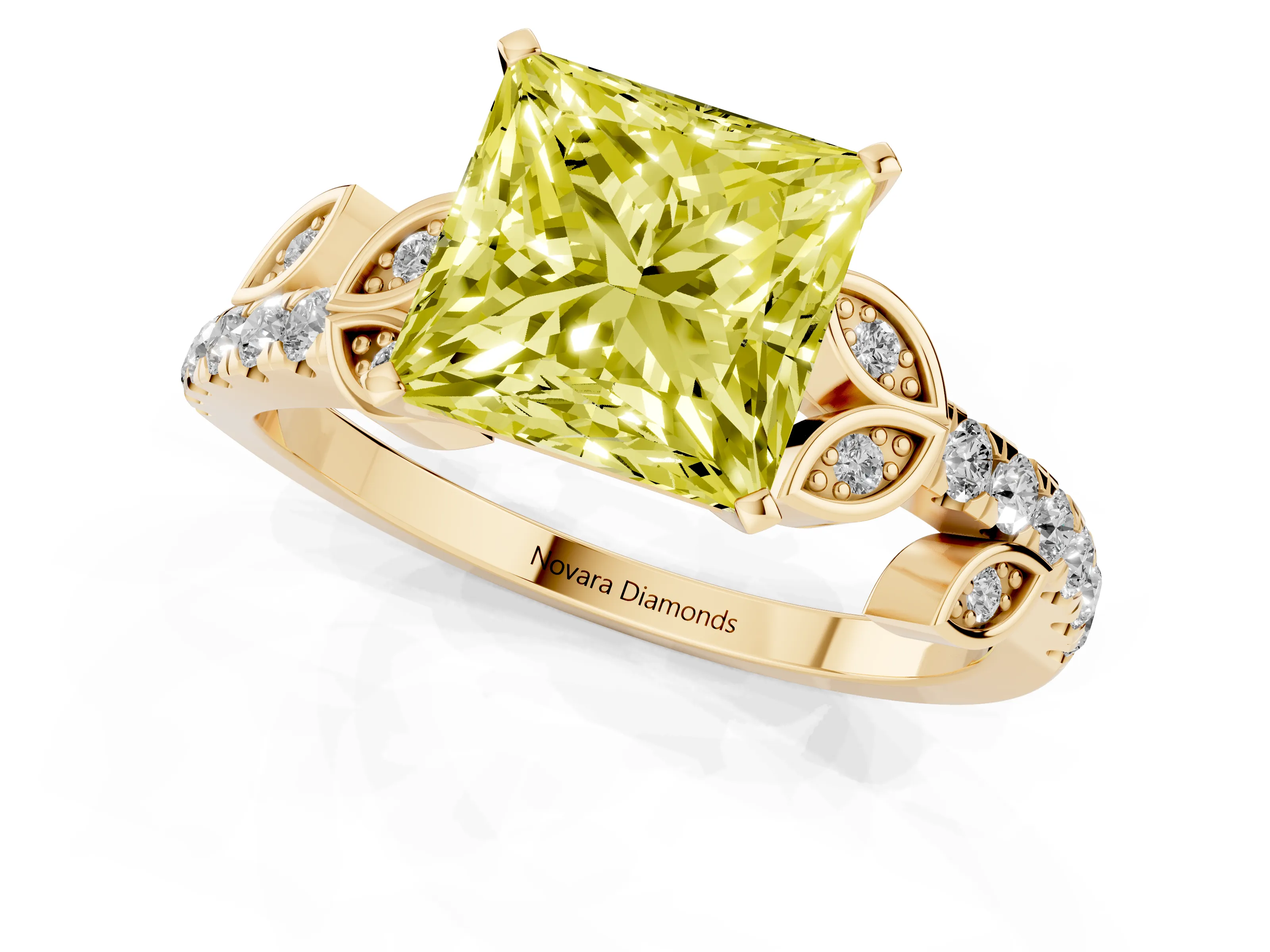 Fancy Yellow Princess Cut Diamond Solitaire Leaf-Inspired Ring Set in Yellow gold with Pavé Band and Prong Setting
