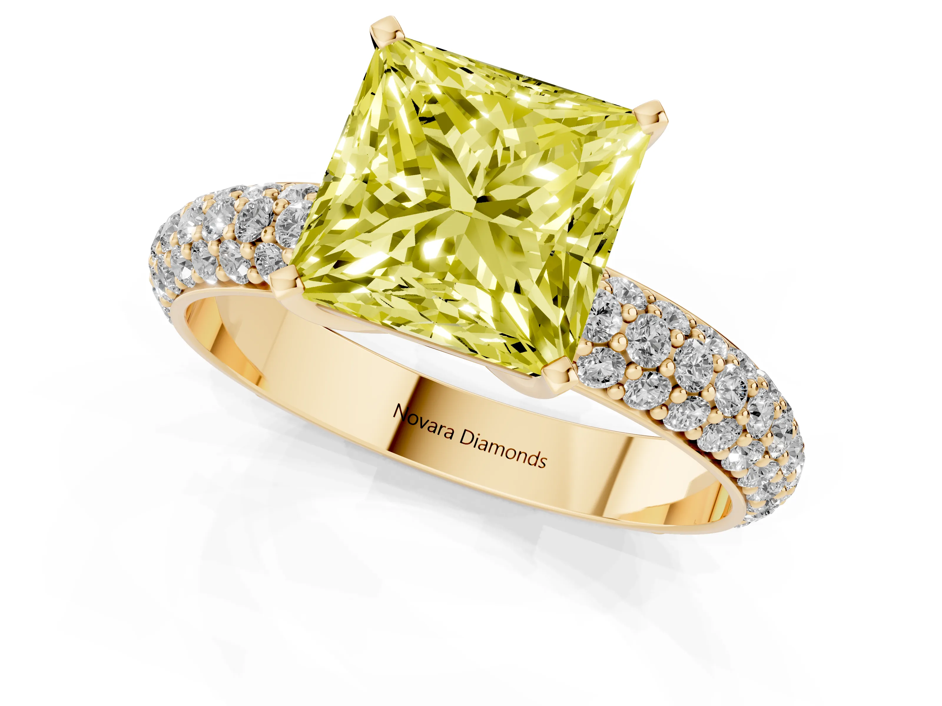 Fancy Yellow Princess Cut Diamond Solitaire Ring Set in Yellow gold with Prong Setting and Pavé-Set Band