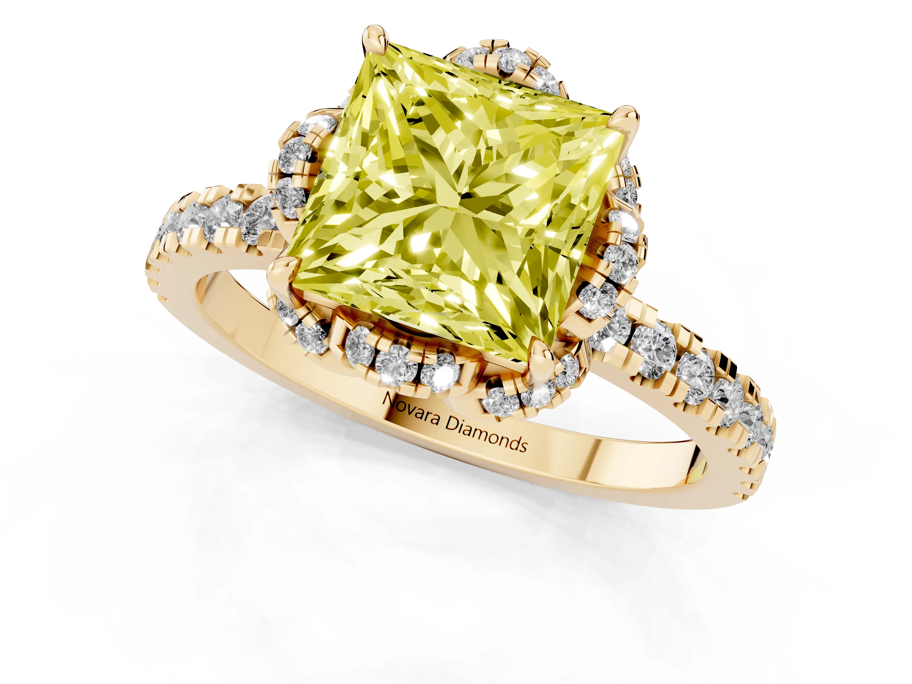 Fancy Yellow Princess Cut Diamond Halo Pavé Band Ring Set in Yellow gold with Prong-Held Center