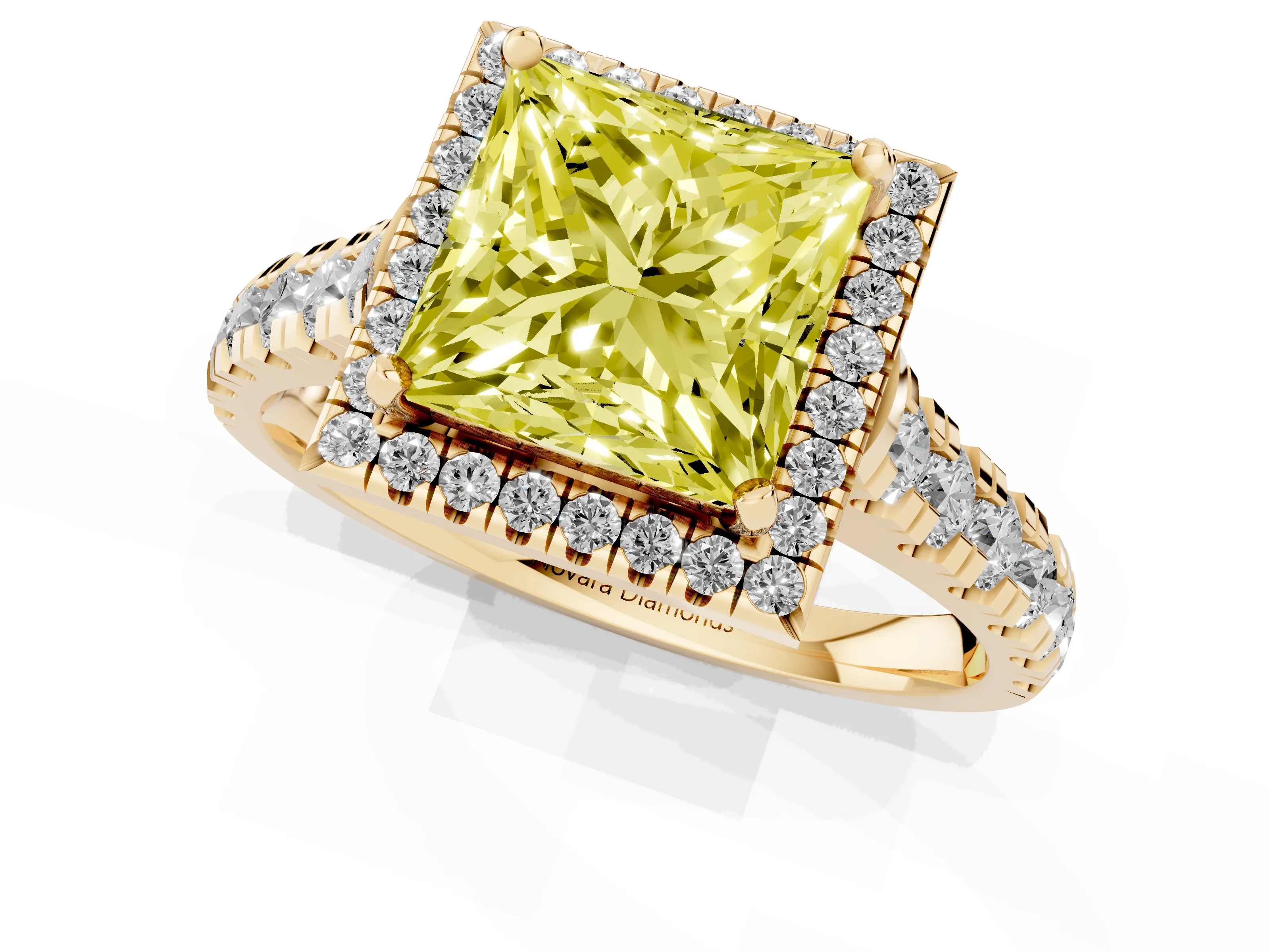 Fancy Yellow Princess Cut Diamond Halo Engagement Ring Set in Yellow gold with Pavé Band and Prong-Set Center