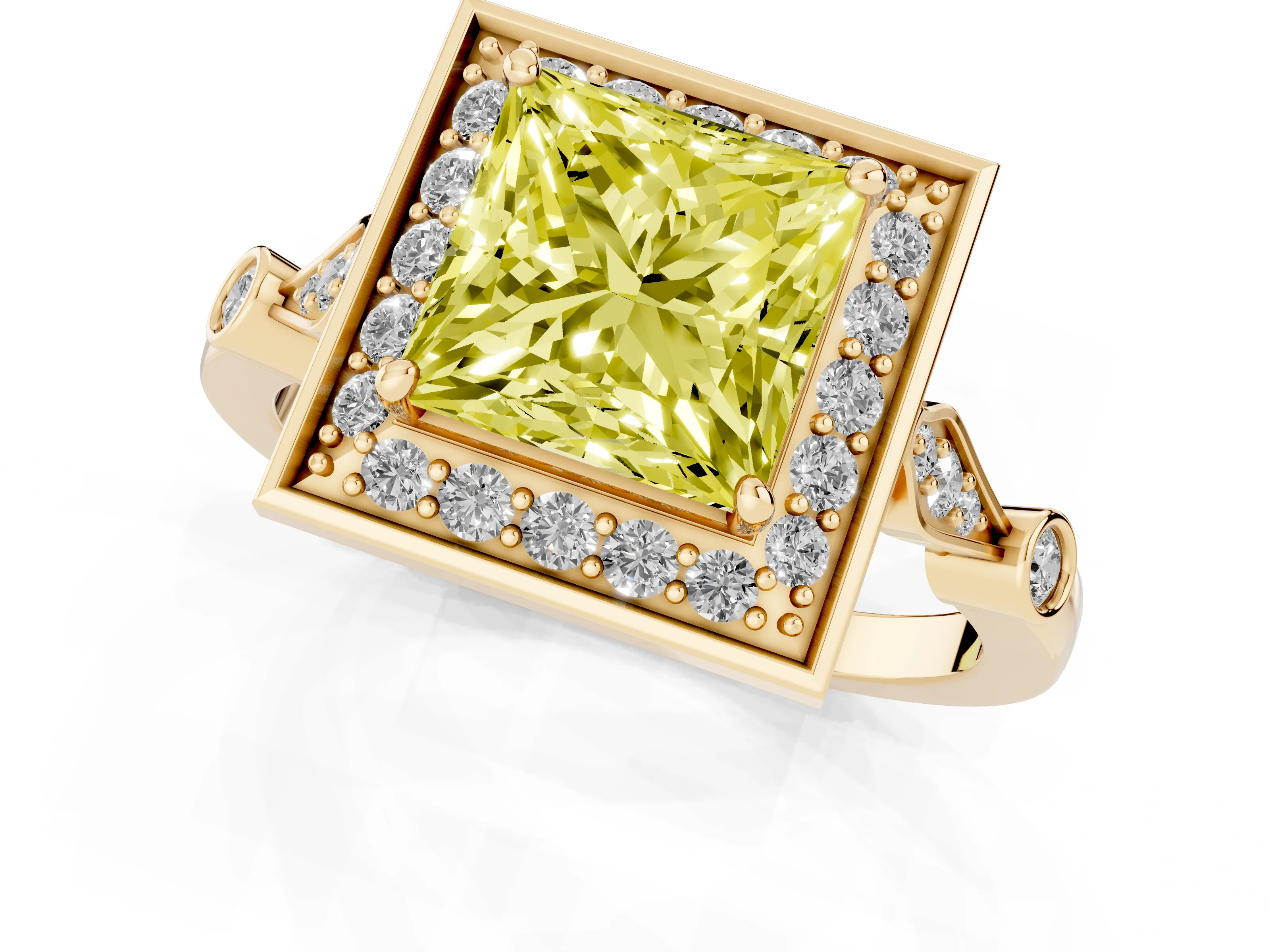Fancy Yellow Princess Cut Diamond Halo Engagement Ring Set in Yellow gold with Twisted Band and Prong Setting