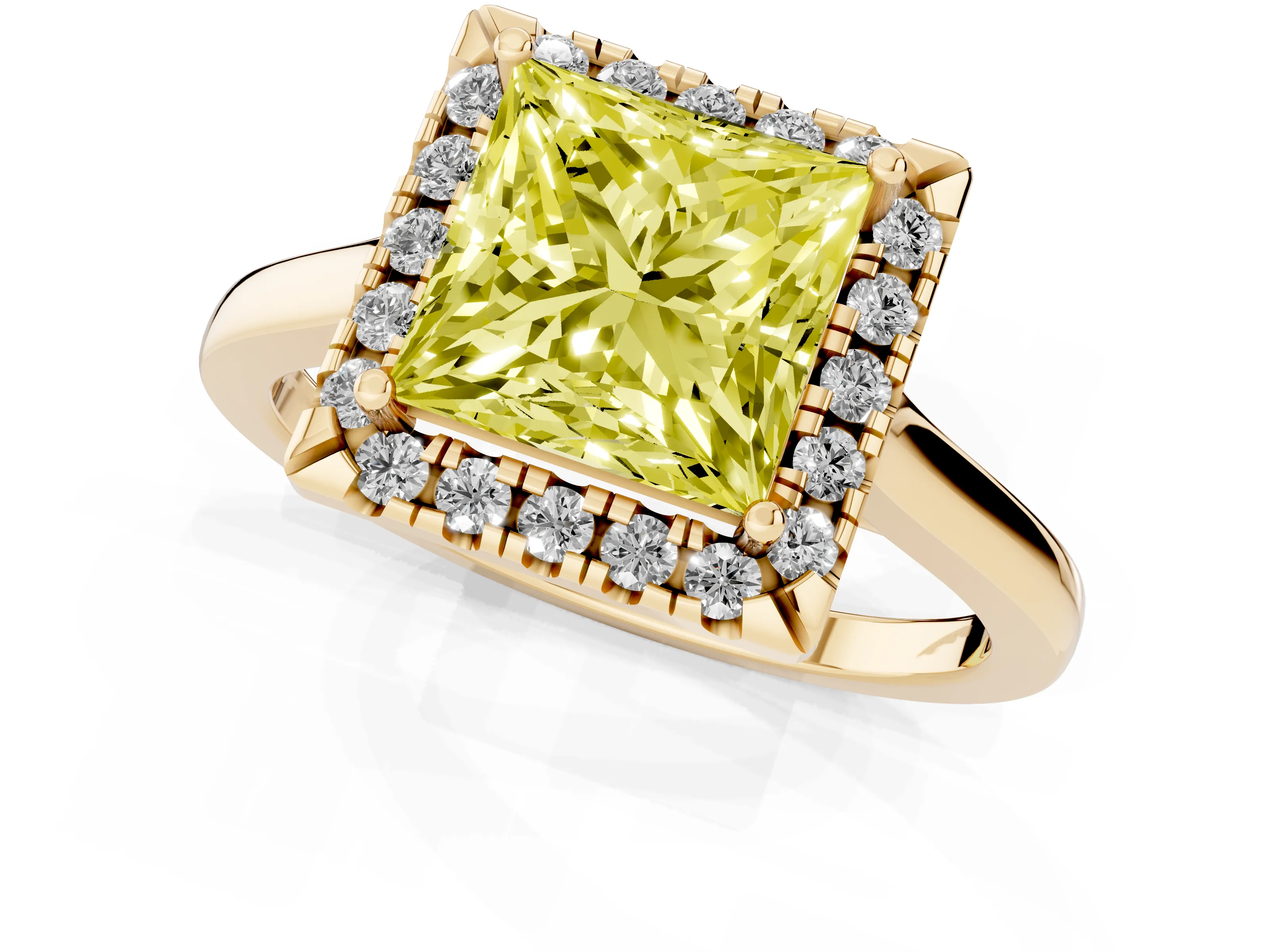 Fancy Yellow Princess Cut Halo Round Diamond Solitaire Ring Set in Yellow gold with Pavé Band and Prong Setting