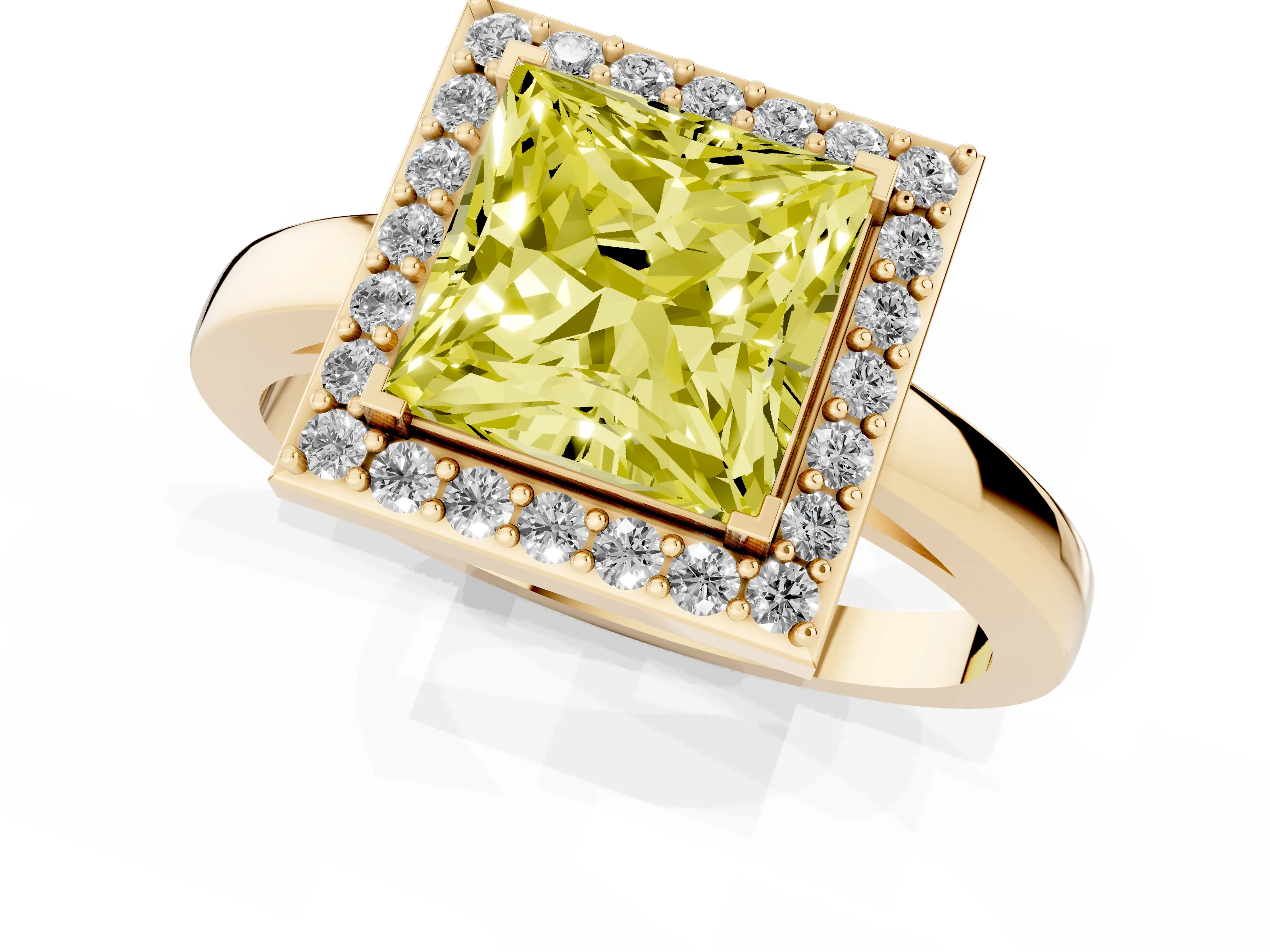 Fancy Yellow Princess Cut Diamond Halo Ring Set in Yellow gold with Solitaire Band and Prong Setting