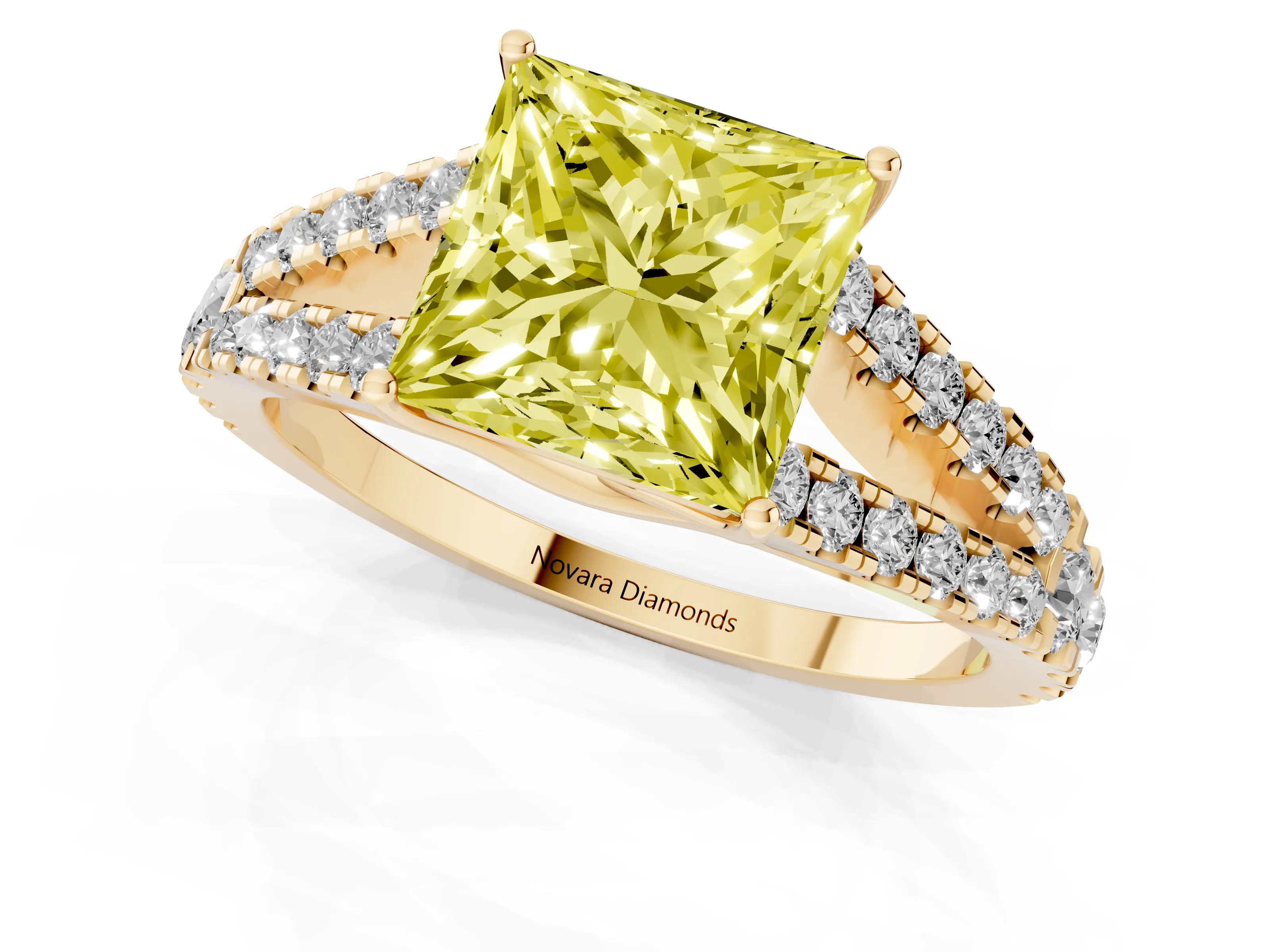 Fancy Yellow Princess Cut Diamond Split Shank Pavé Engagement Ring Set in Yellow gold with Prong-Held Center Stone