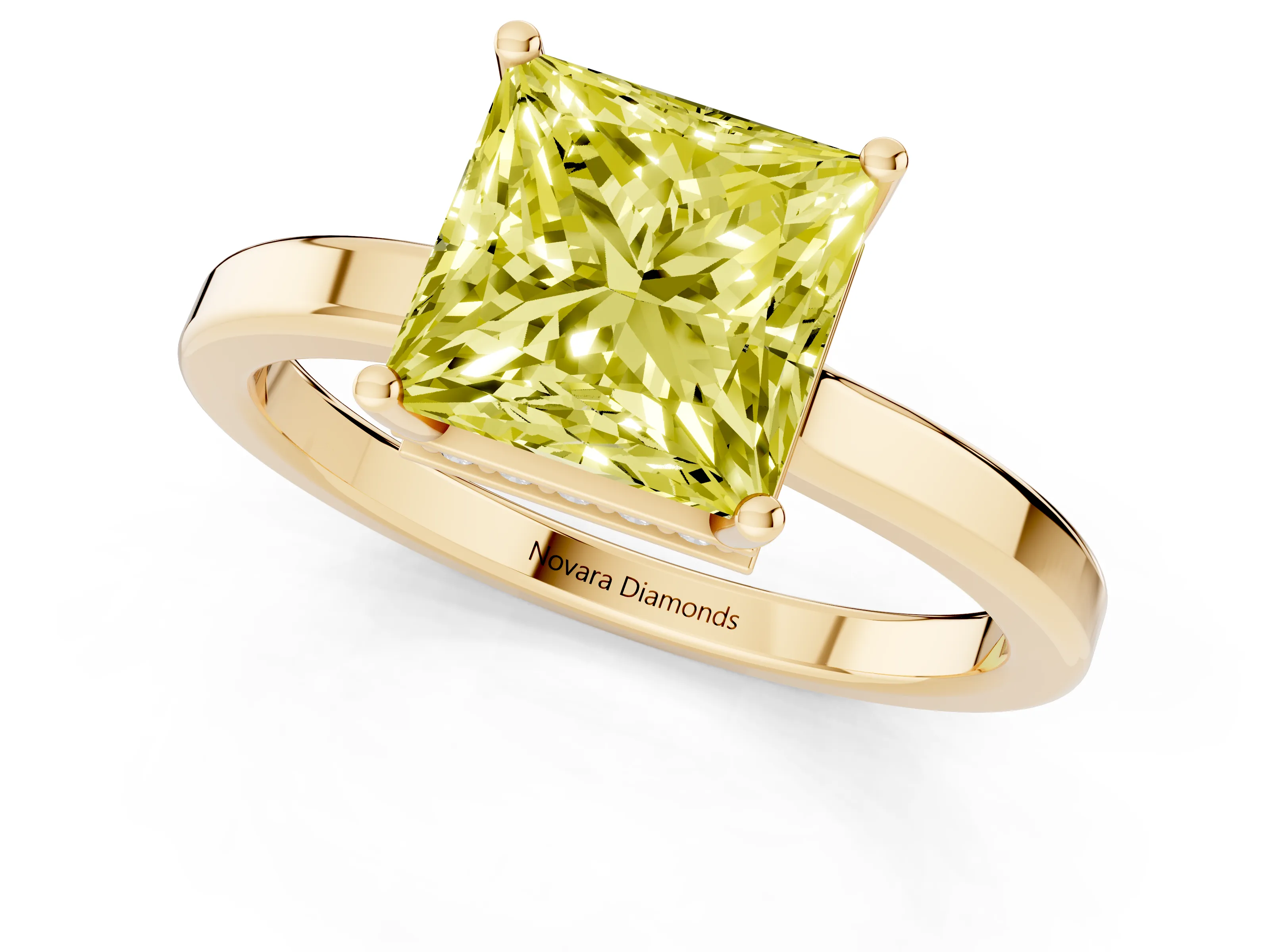 Fancy Yellow Princess Cut Diamond Solitaire Engagement Ring Set in Yellow gold with Prong Setting on a Plain Band