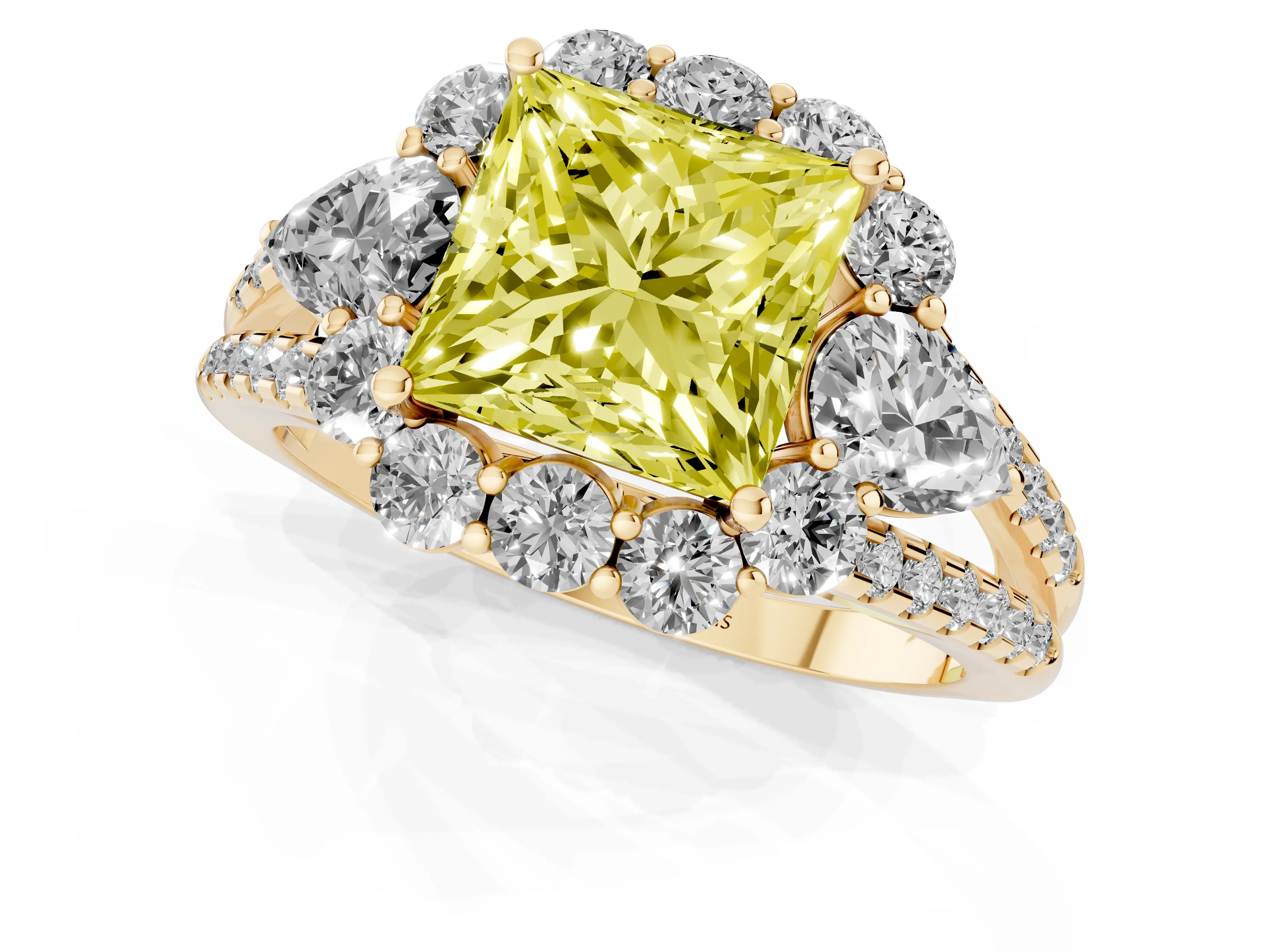 Fancy Yellow Princess Cut Diamond Halo Split Shank Engagement Ring Set in Yellow gold with Prong-Held Center Stone