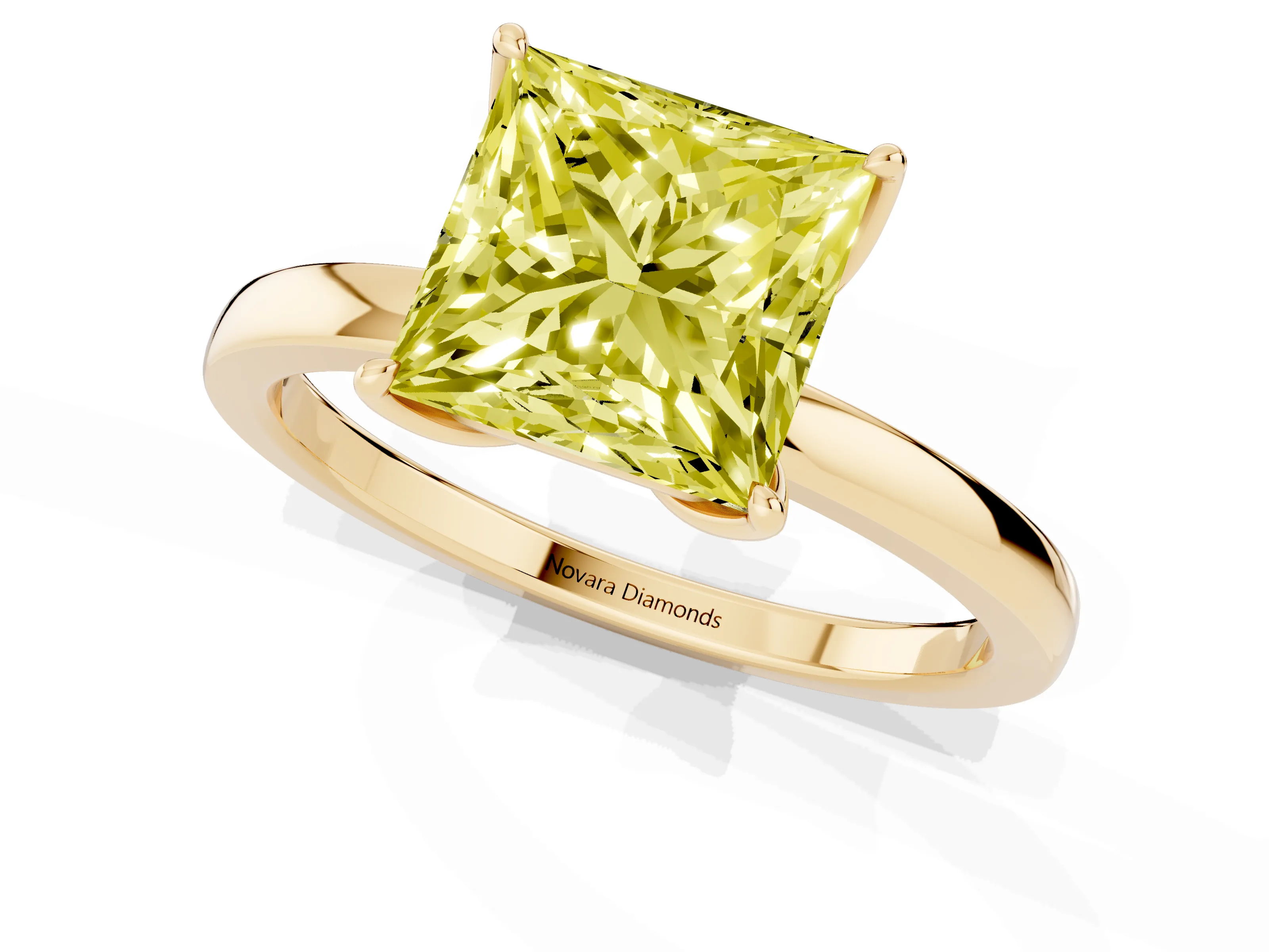 Fancy Yellow Princess Cut Diamond Solitaire Ring Set in Yellow gold with Prong Setting and Thin Polished Band