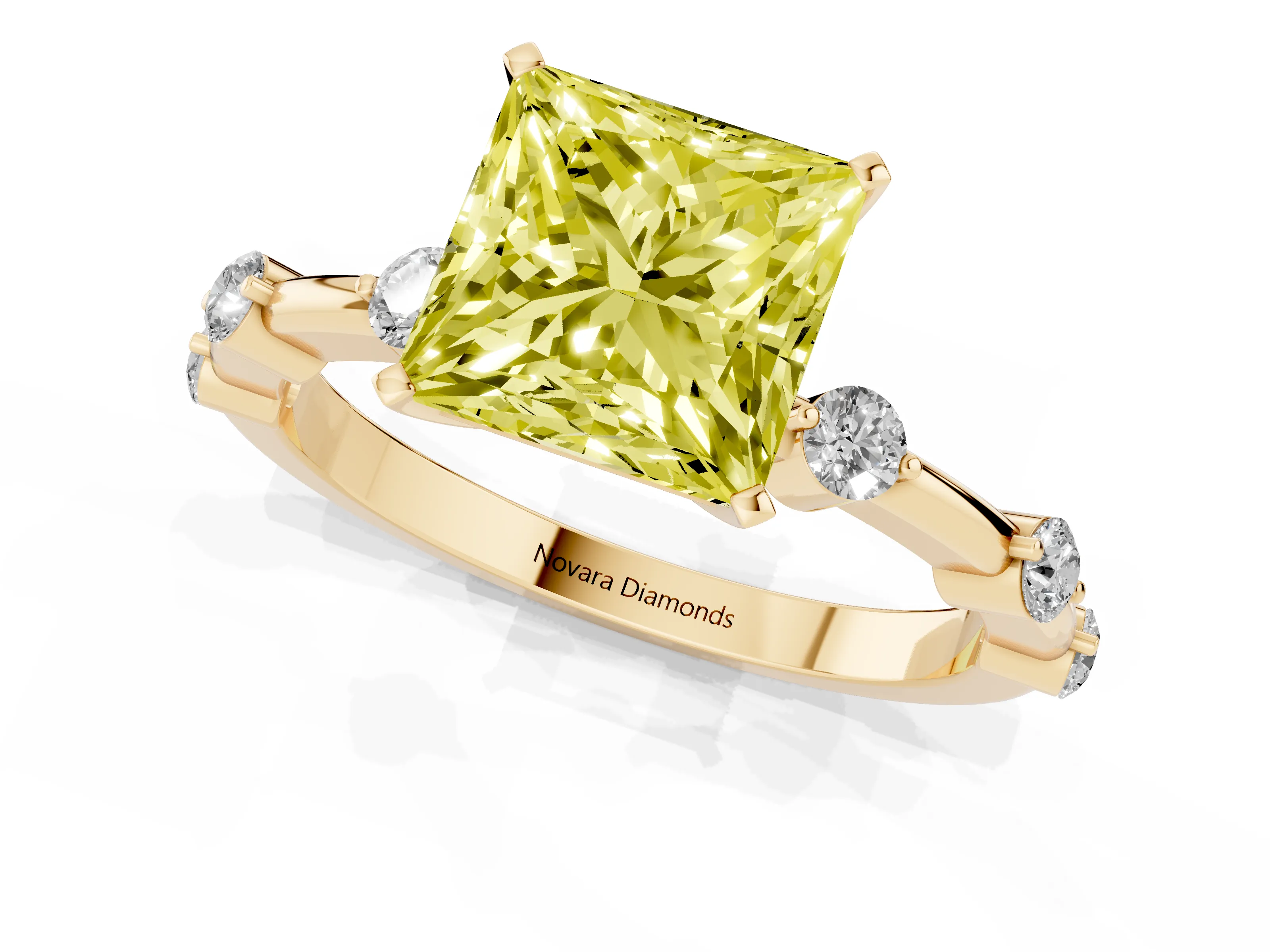 Fancy Yellow Princess Cut Diamond Solitaire Ring Set in Yellow gold with Bezel Set Side Stones and Prong Setting