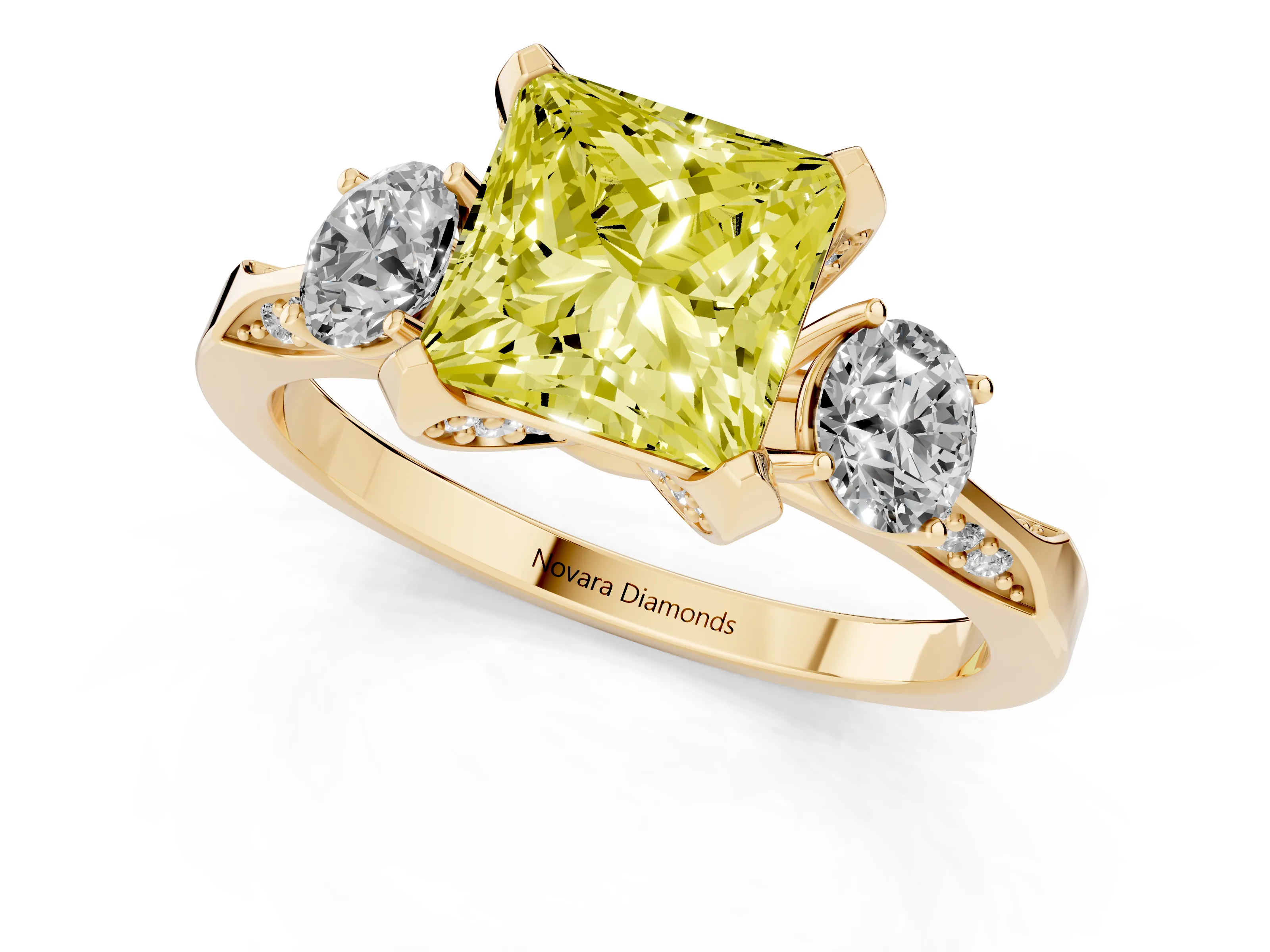 Fancy Yellow Princess Cut Diamond Three-Stone Ring Set in Yellow gold with Pavé Band and Smaller Side Stones