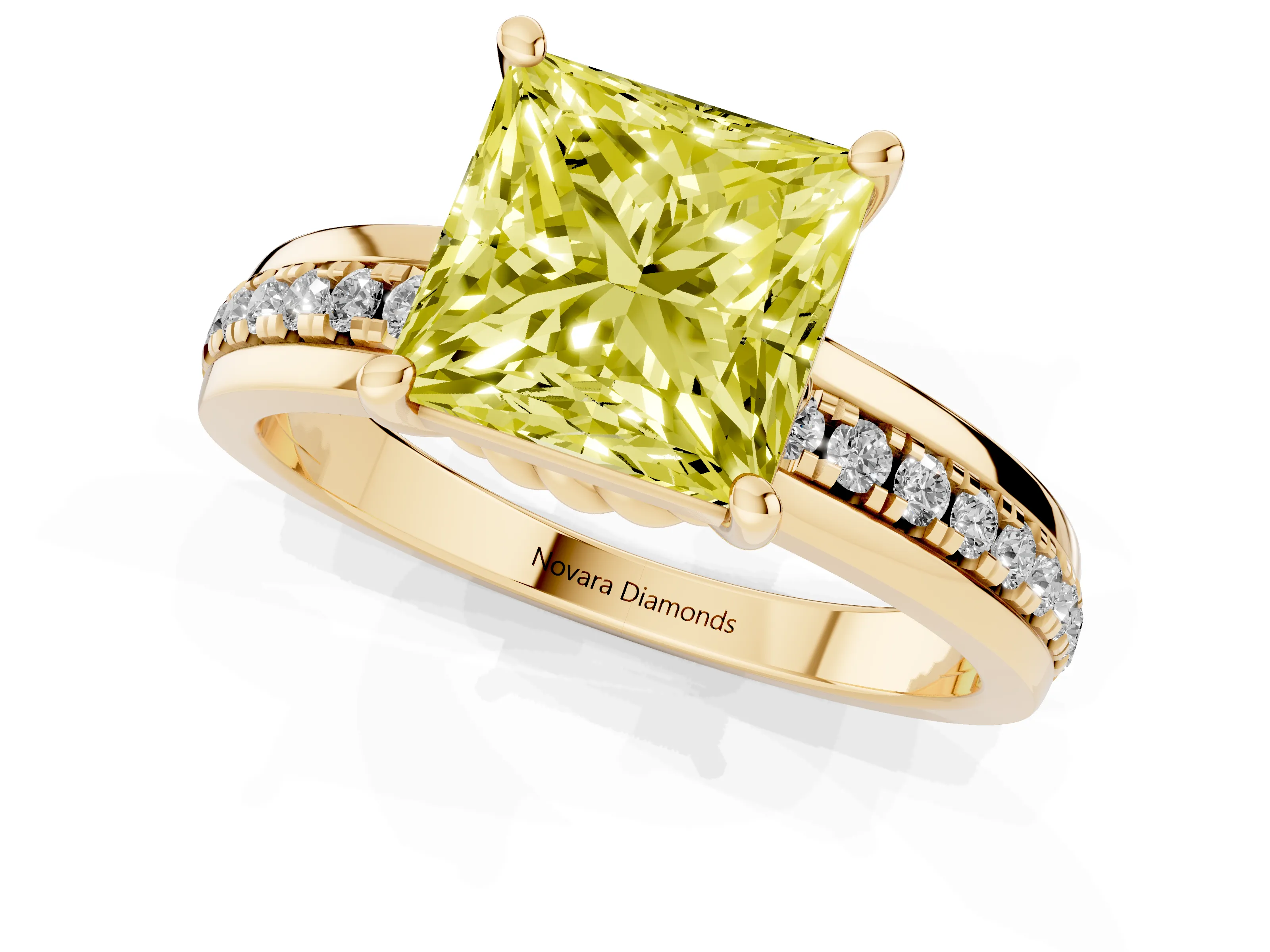Fancy Yellow Princess Cut Diamond Solitaire Ring Set in Yellow gold with Channel Set Band and Prong Setting