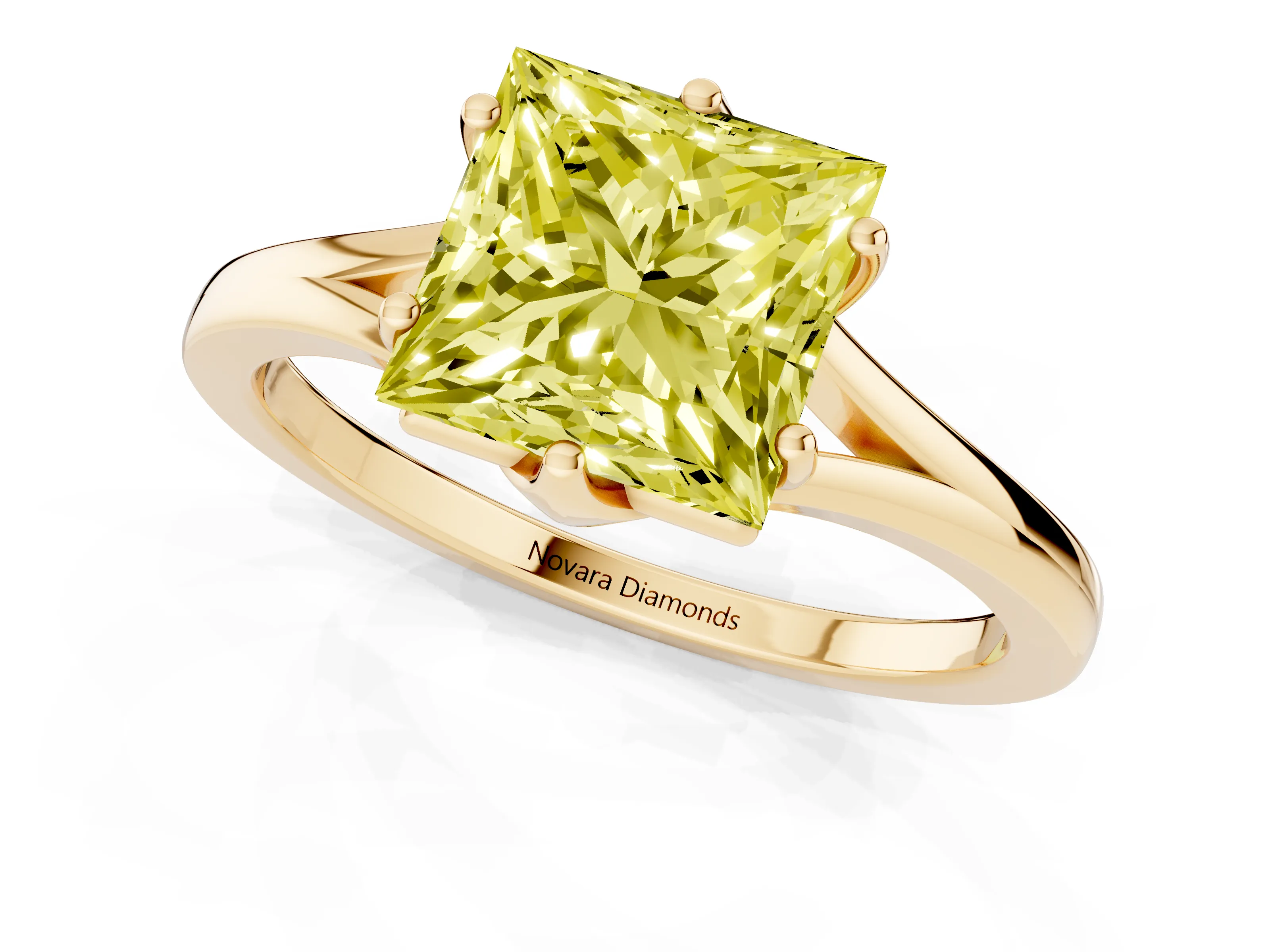 Fancy Yellow Princess Cut Diamond Solitaire Ring Set in Yellow gold with Polished Tapered Band and Prong Setting