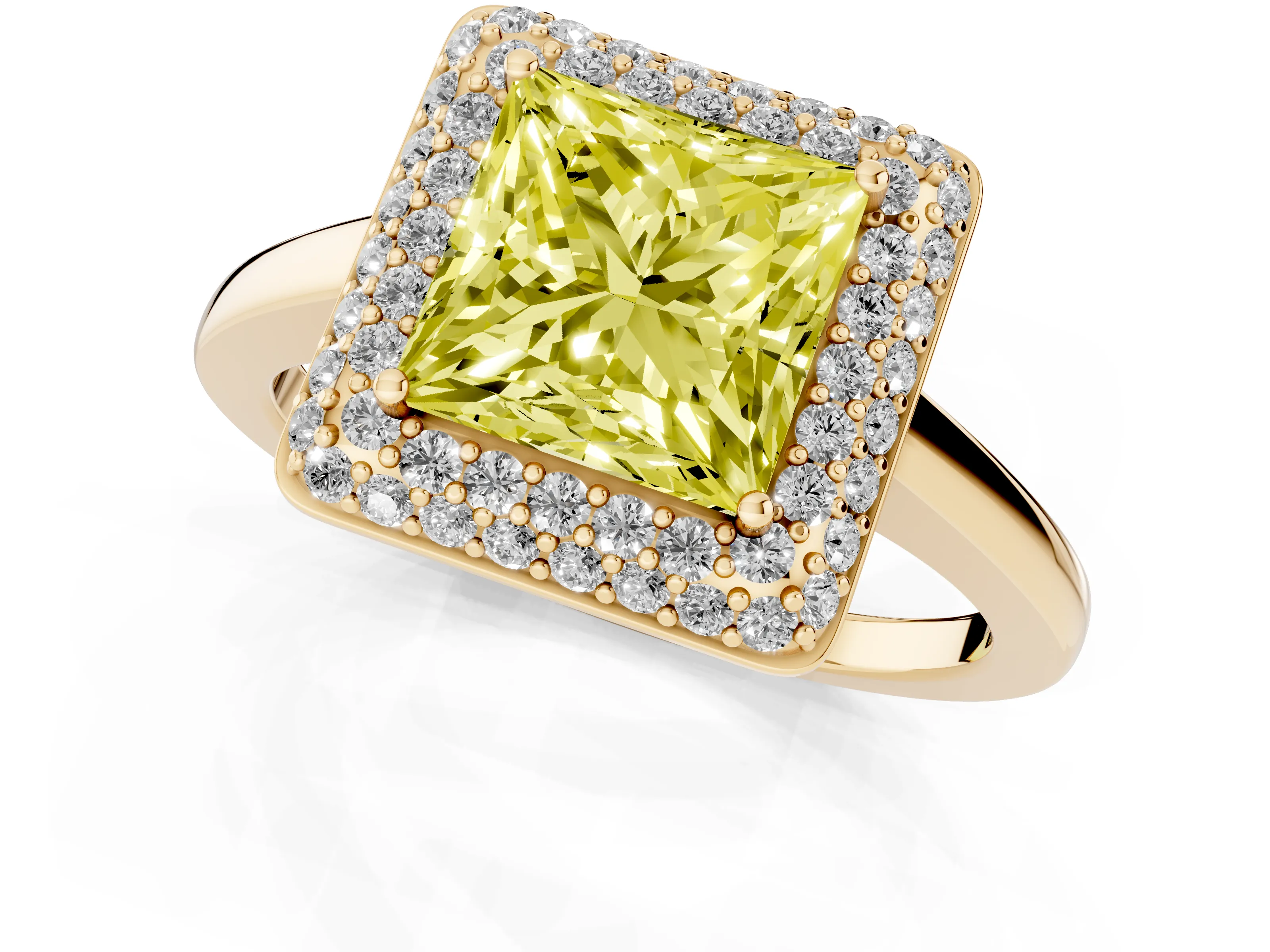 Fancy Yellow Princess Cut Diamond Halo Engagement Ring Set in Yellow gold with Solitaire Band and Prong Setting