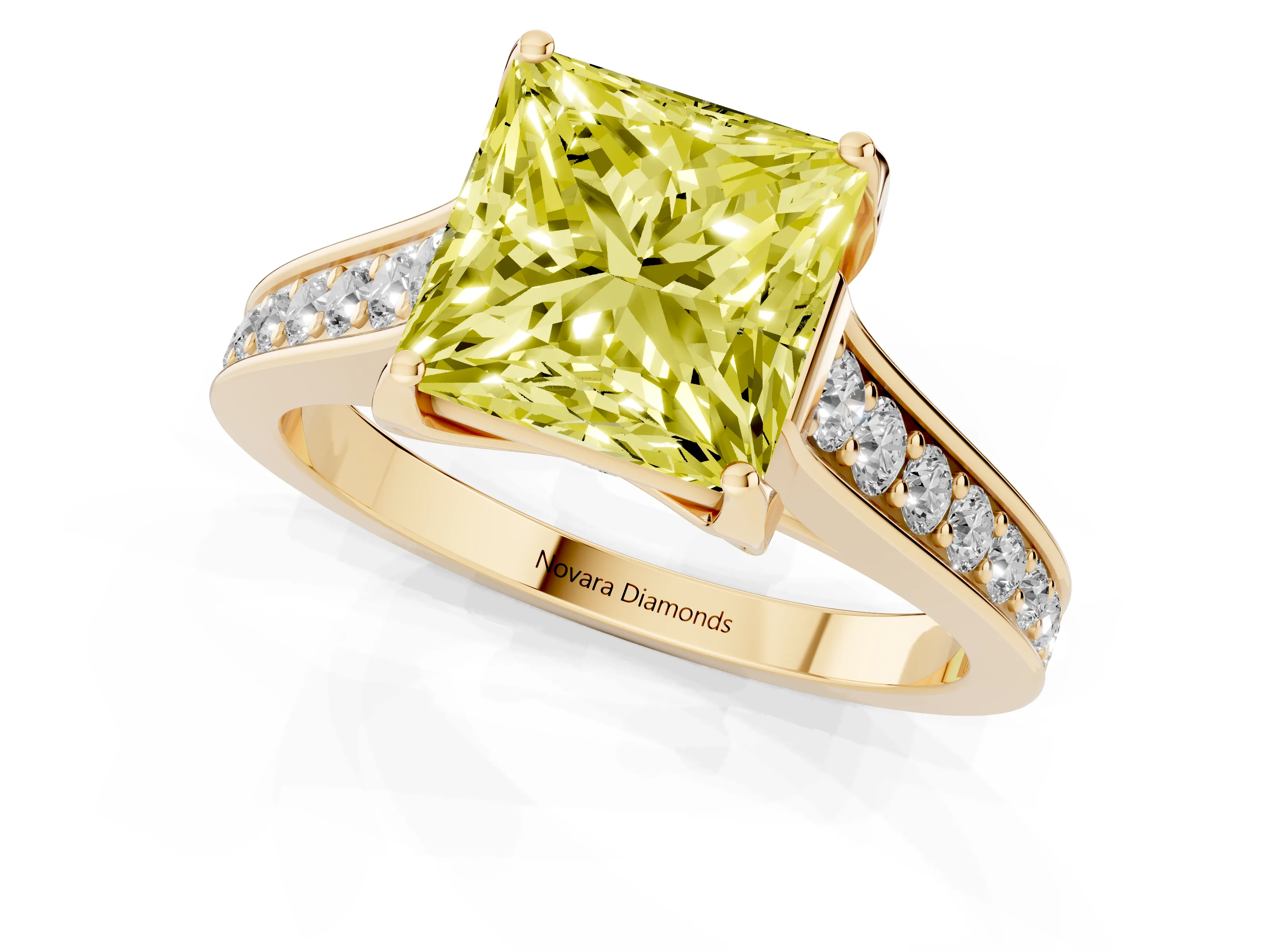 Fancy Yellow Princess Cut Diamond Solitaire Pavé Engagement Ring Set in Yellow gold with Prong Setting