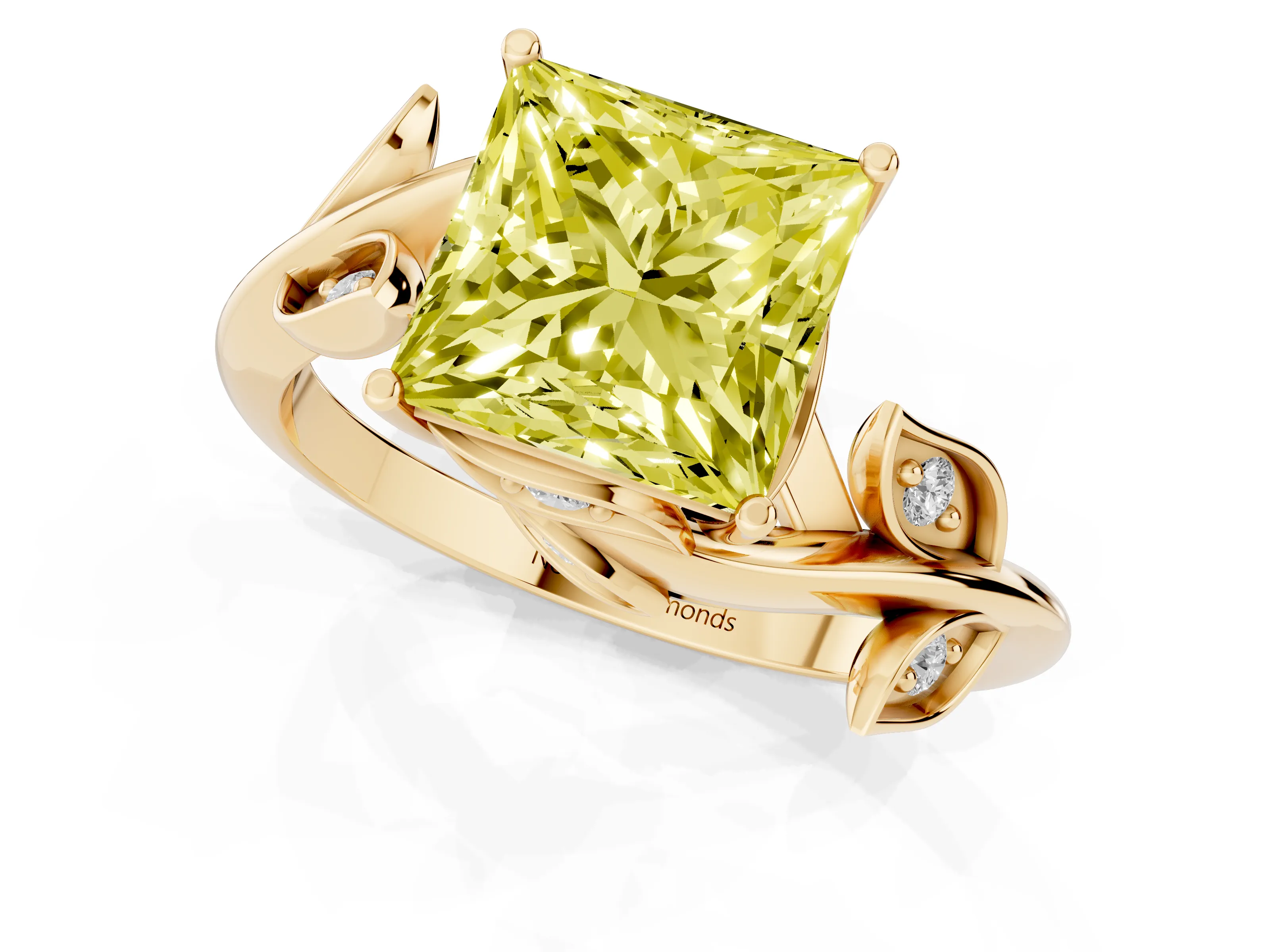 Fancy Yellow Princess Cut Diamond Solitaire Twist Engagement Ring Set in Yellow gold with Pavé Leaf Accents