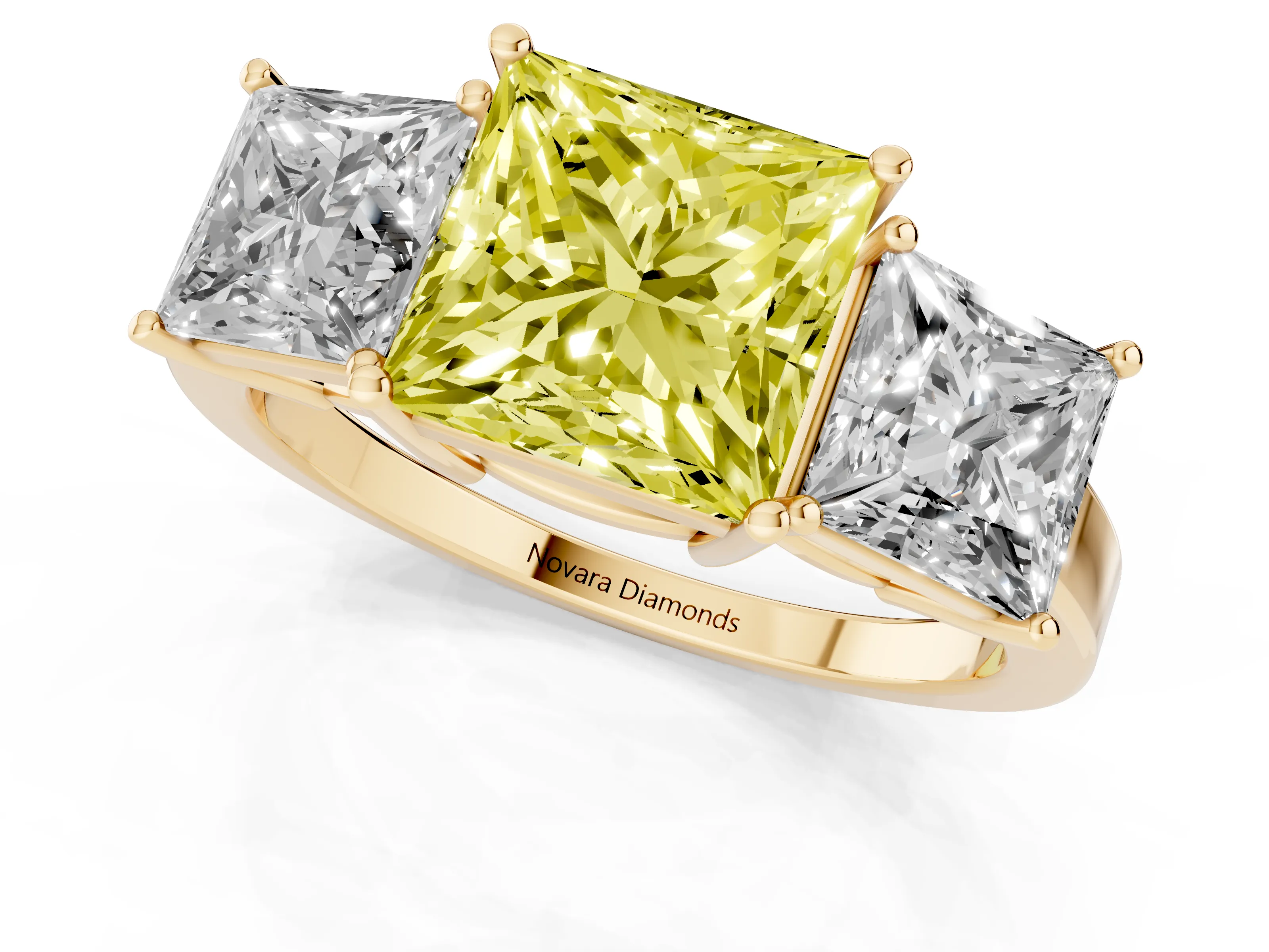 Fancy Yellow Princess Cut Diamond Three-Stone Engagement Ring Set in Yellow gold with Flat Band