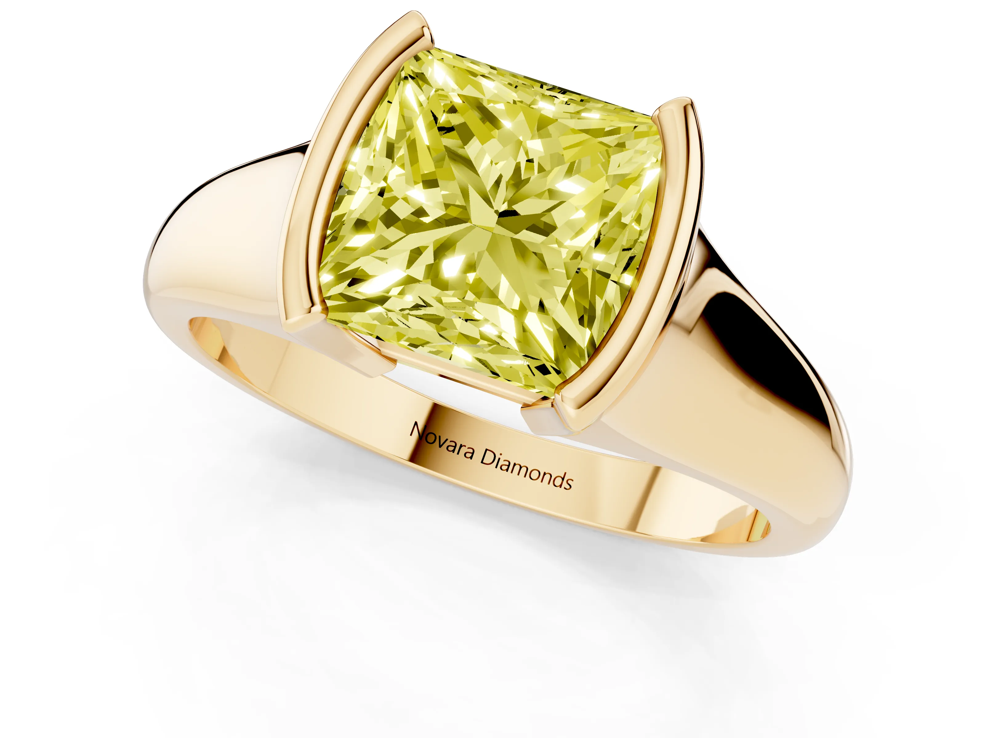 Fancy Yellow Princess Cut Diamond Solitaire Tension Set Ring Set in Yellow gold with Split Shank Band