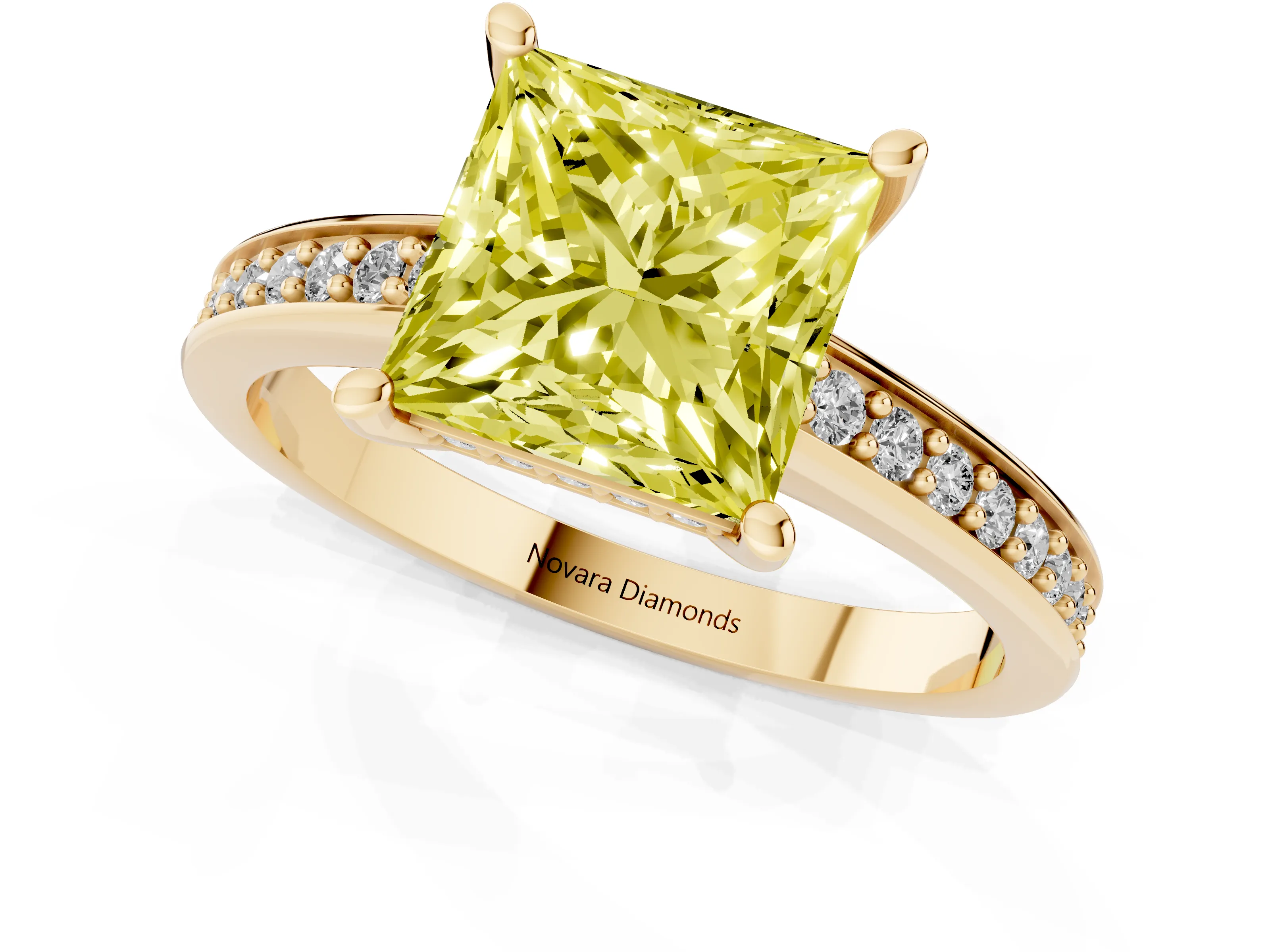 Fancy Yellow Princess Cut Diamond Pavé Band Prong Set Solitaire Ring Set in Yellow gold