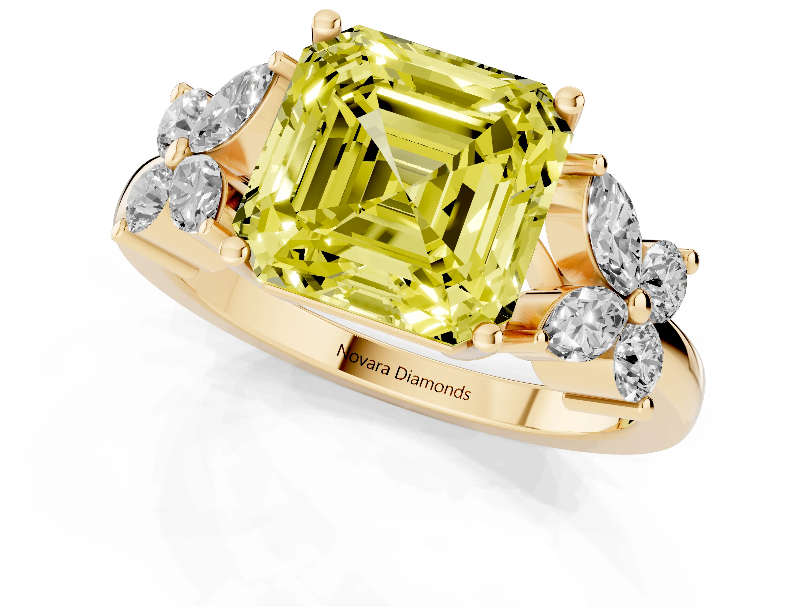 Fancy Yellow Princess Cut Diamond Floral Cluster Ring Set in Yellow gold with Marquise Petals and Prong Setting