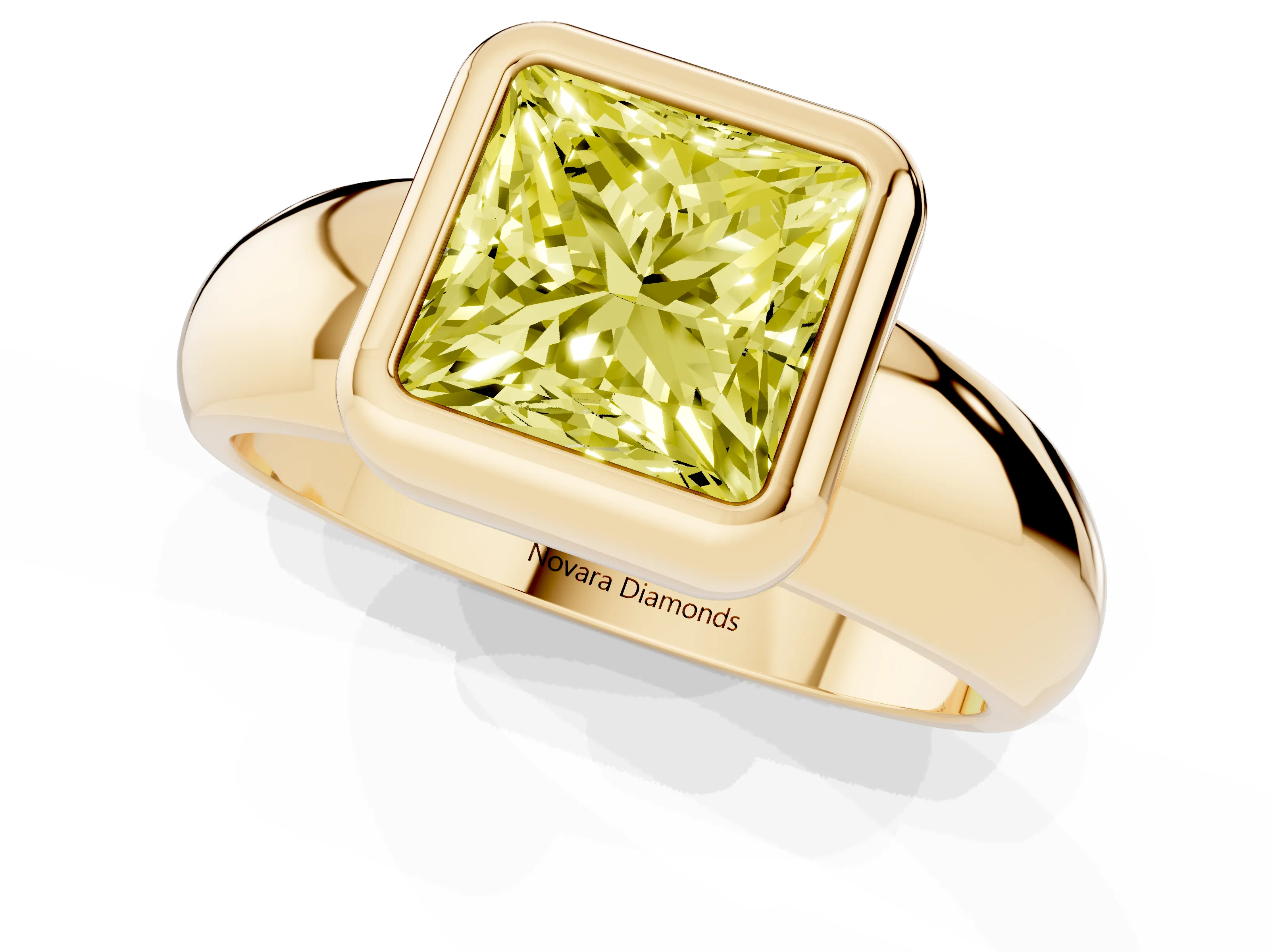 Fancy Yellow Bezel Set Princess Cut Diamond Solitaire Ring Set in Yellow gold with Wide Band
