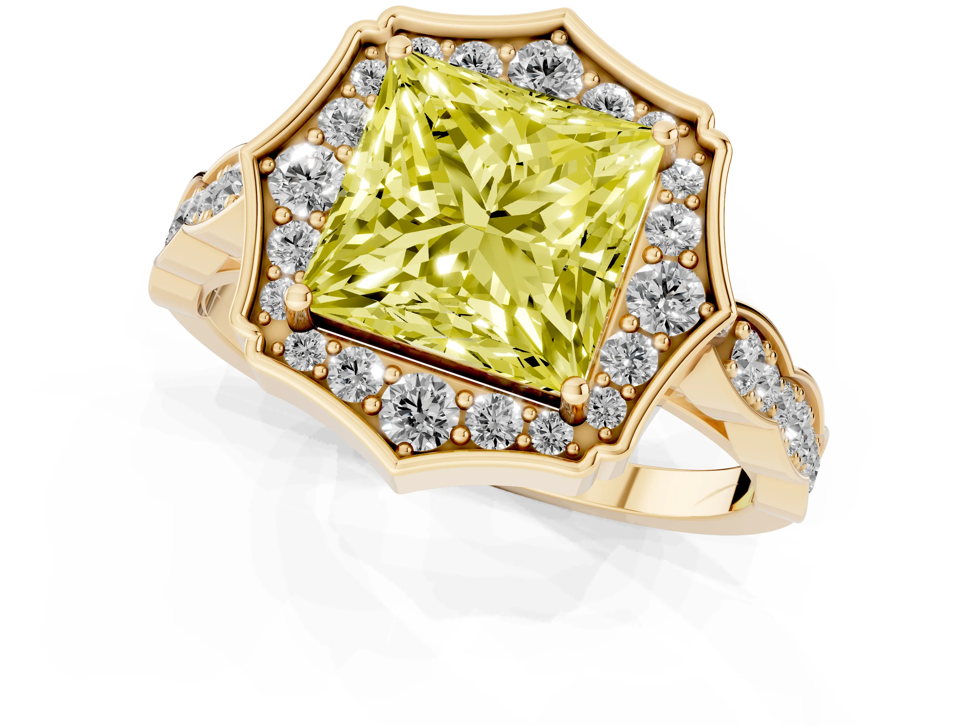 Fancy Yellow Princess Cut Diamond Halo Engagement Ring Set in Yellow gold with Milgrain Band and Prong Setting