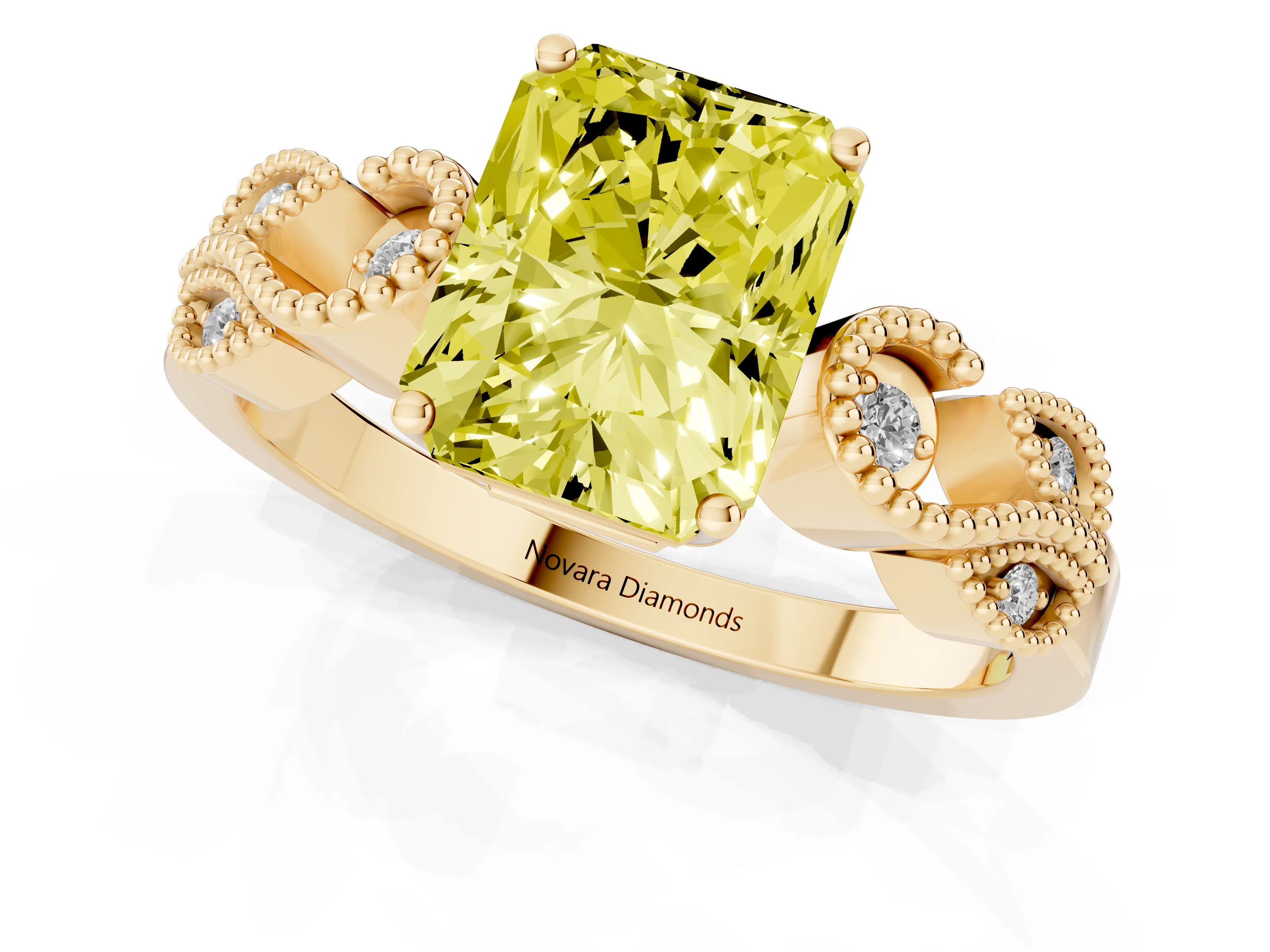 Fancy Yellow Princess Cut Diamond Milgrain Leaf Band Solitaire Ring Set in Yellow gold with Accent Stones and Prong Setting