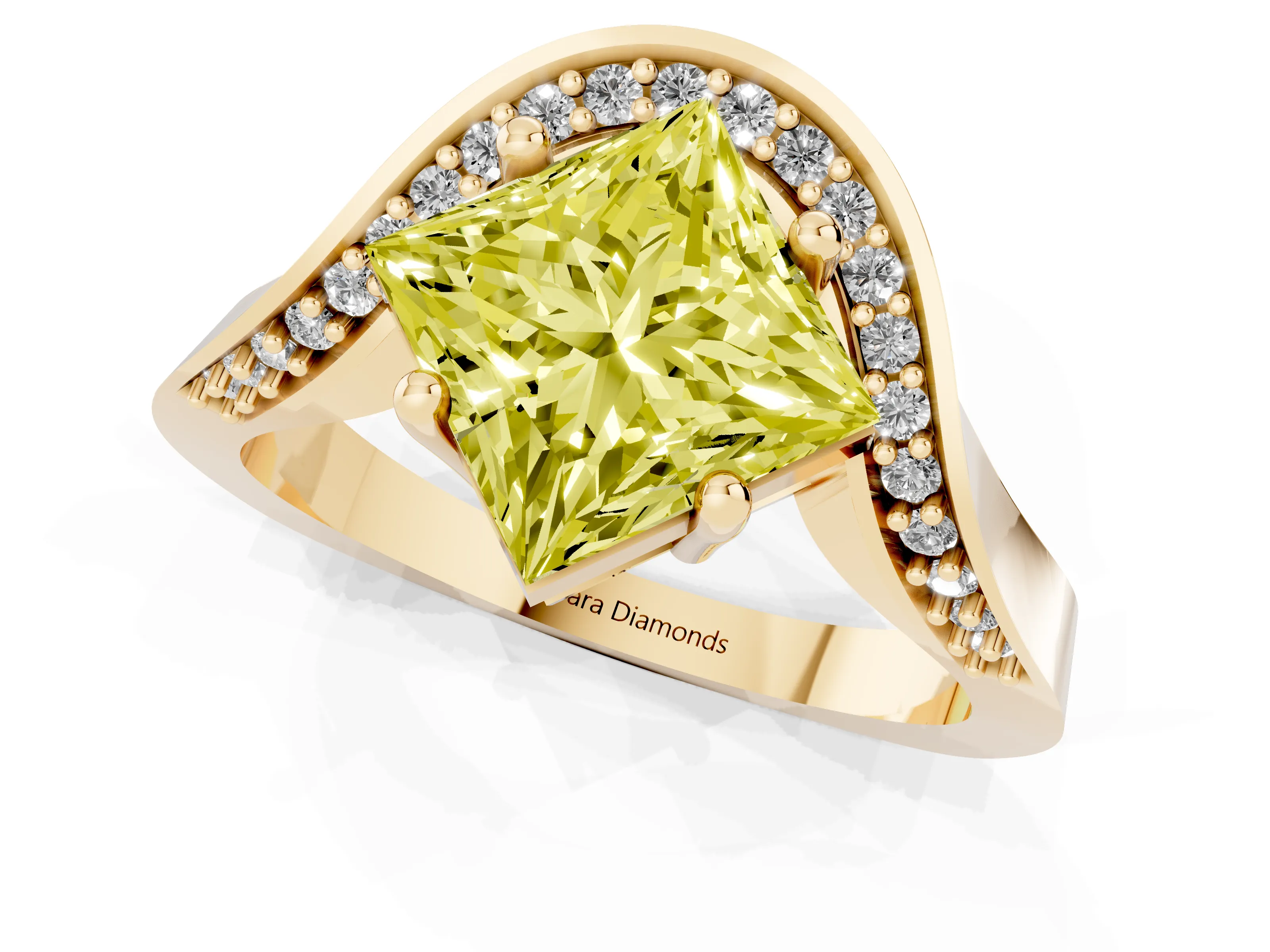 Fancy Yellow Princess Cut Diamond Solitaire Engagement Ring Set in Yellow gold with Pavé Shoulders