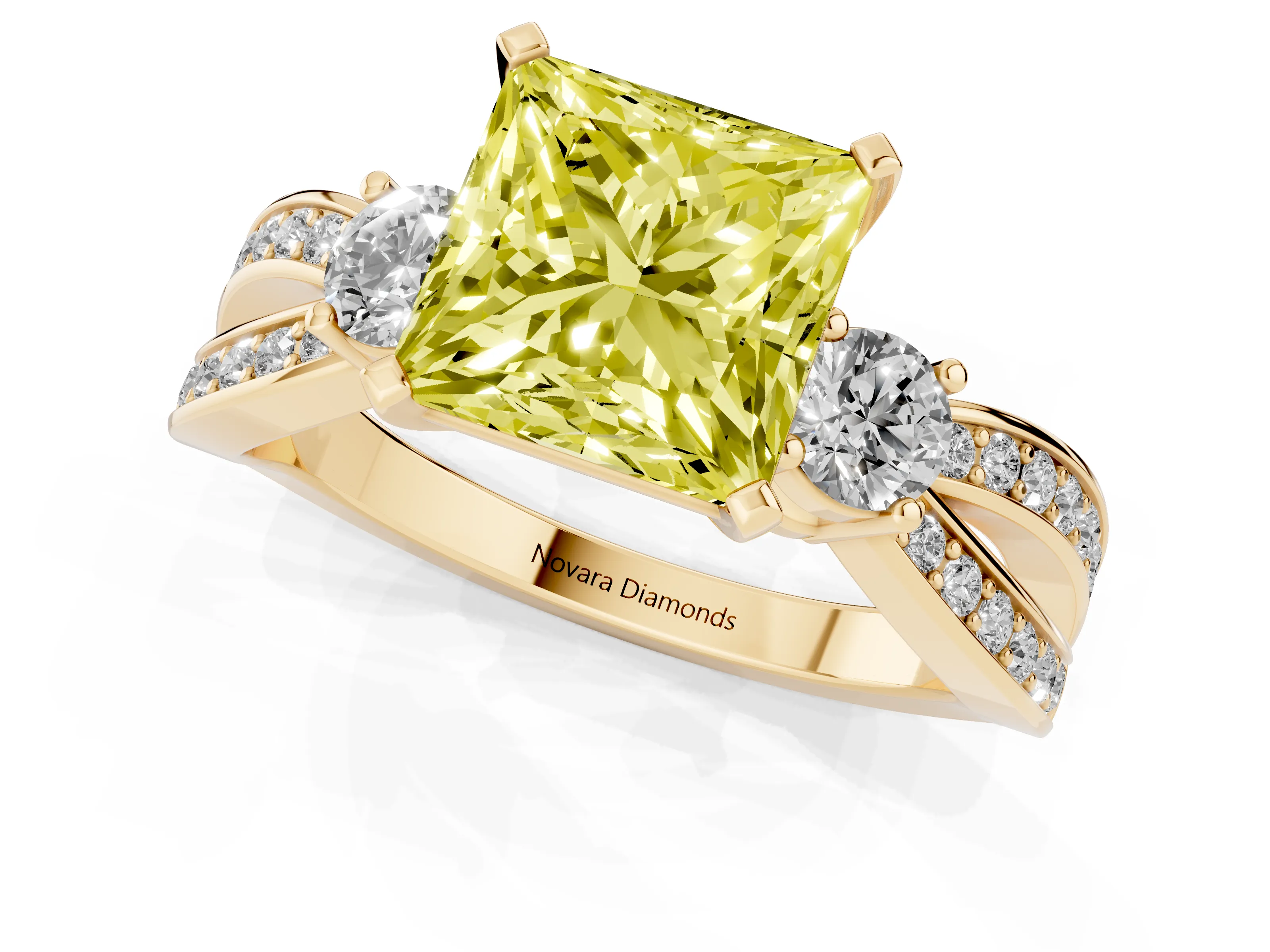 Fancy Yellow Three-Stone Princess Cut Diamond Twist Band Ring Set in Yellow gold with Pavé Accents and Prong Setting