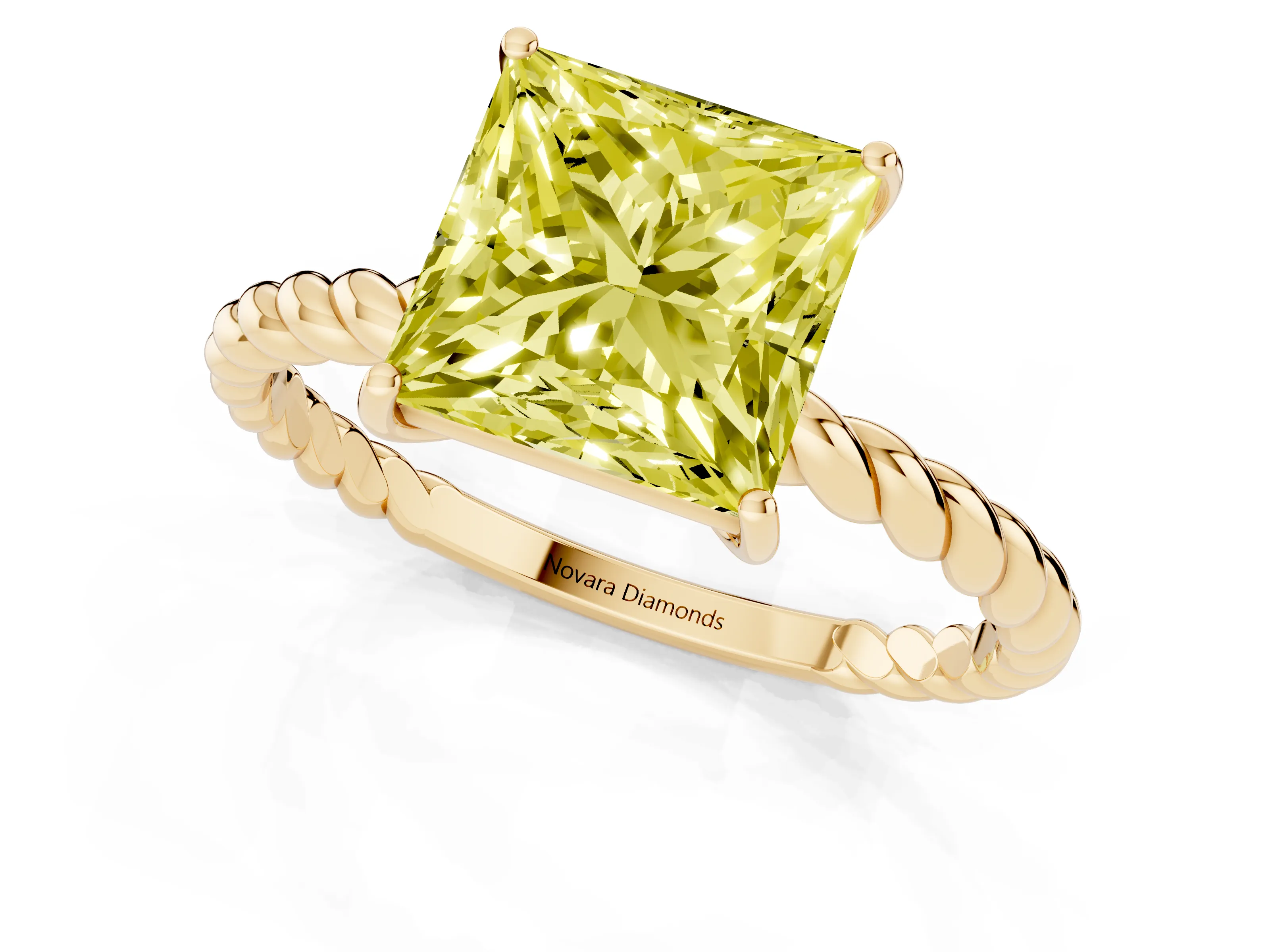 Fancy Yellow Princess Cut Diamond Solitaire Ring Set in Yellow gold with Twist Band and Prong Setting