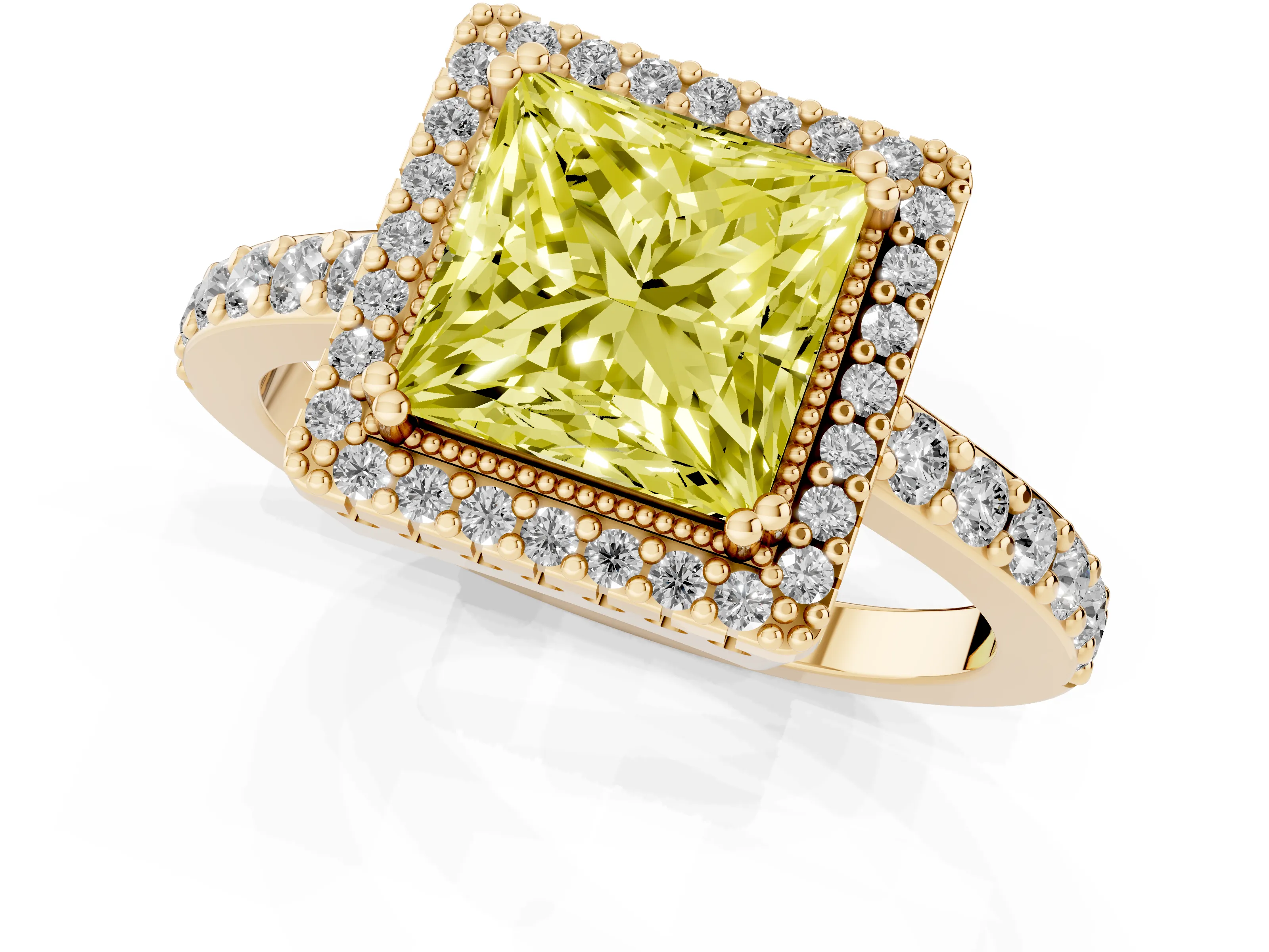 Fancy Yellow Princess Cut Diamond Halo Engagement Ring Set in Yellow gold with Milgrain Detail and Pavé Band