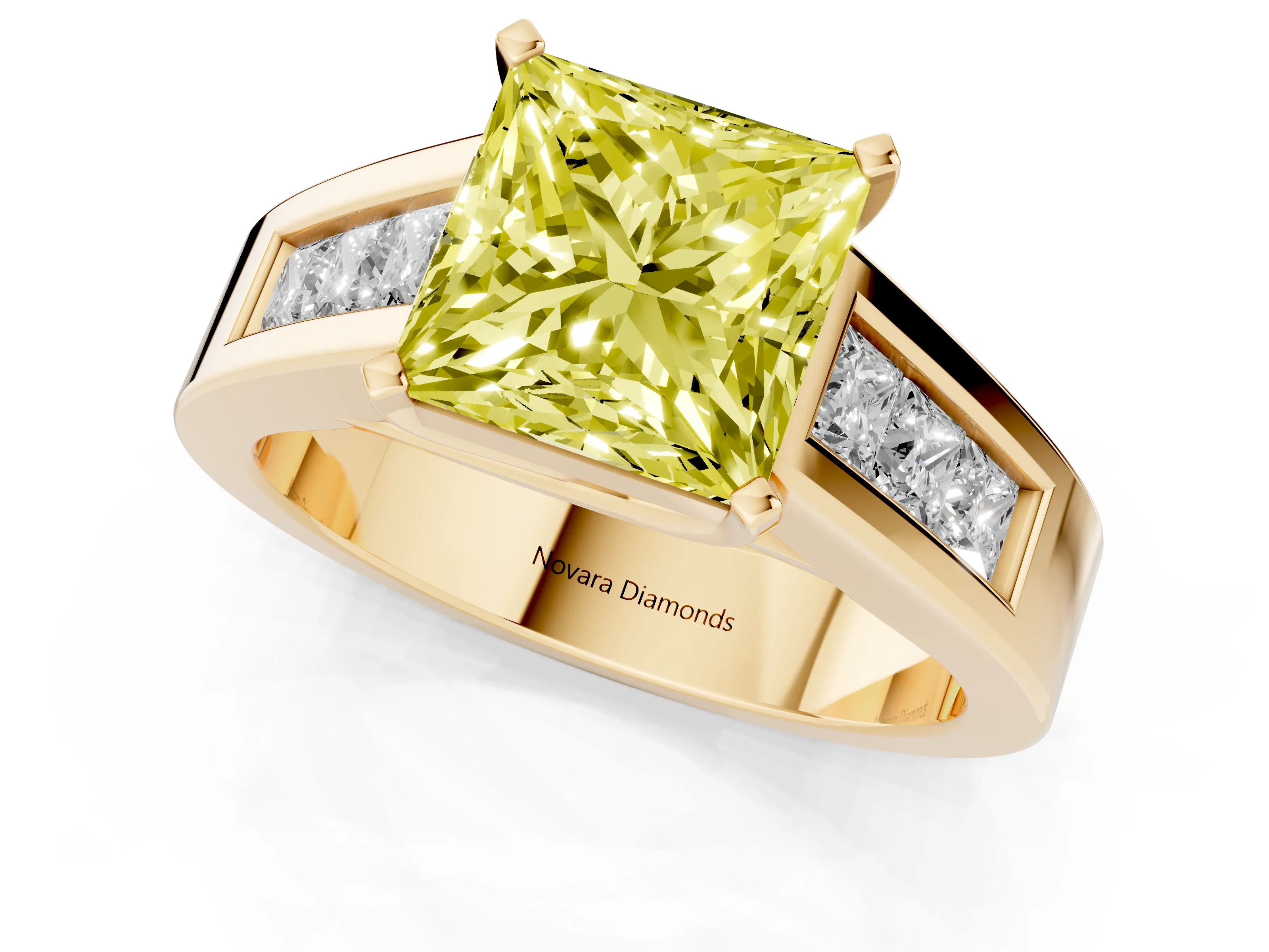 Fancy Yellow Princess Cut Diamond Solitaire Ring Set in Yellow gold with Channel-Set Accent Stones and Prong Setting