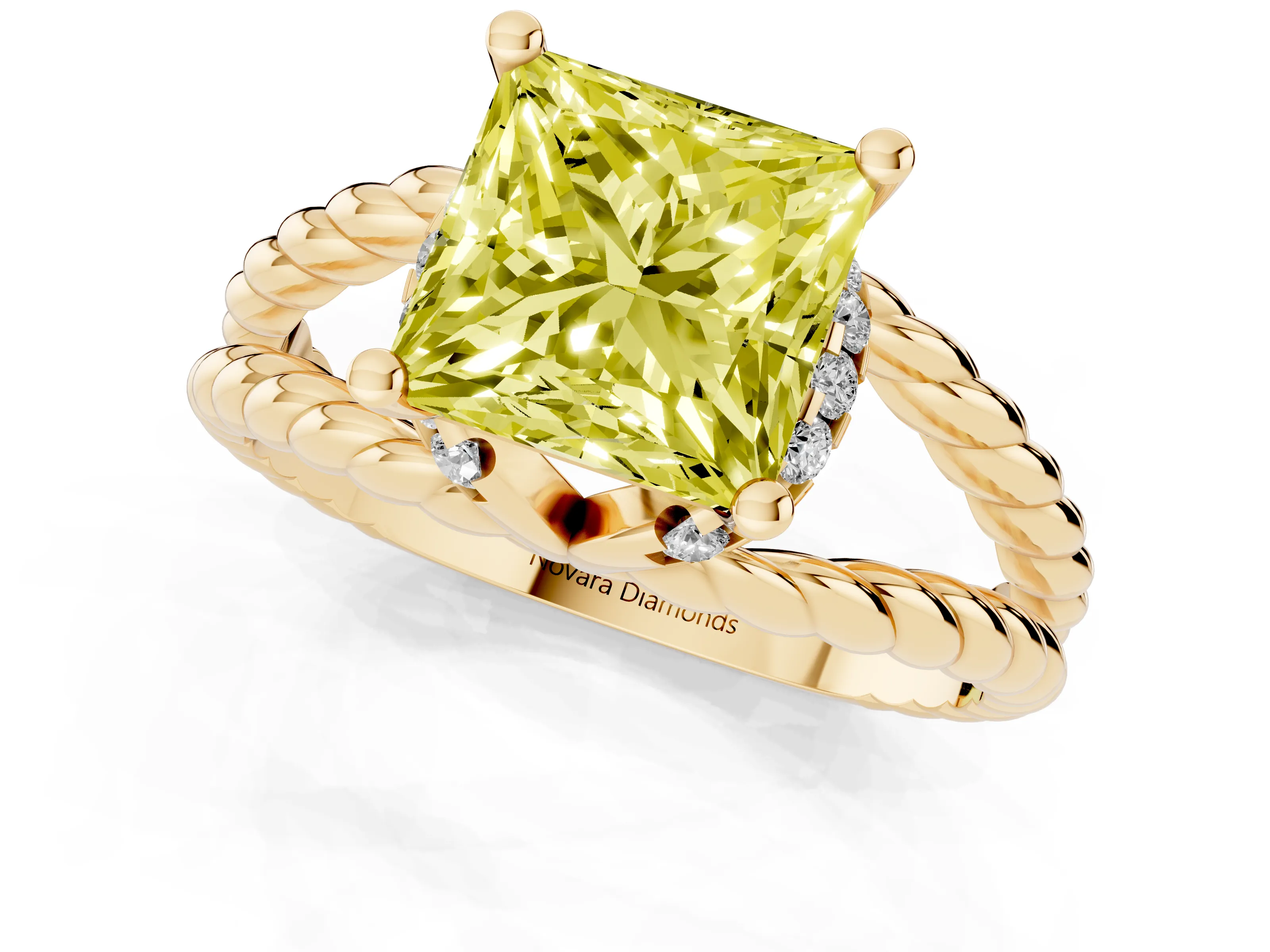 Fancy Yellow Princess Cut Diamond Halo Ring Set in Yellow gold with Twisted Band and Prong Setting