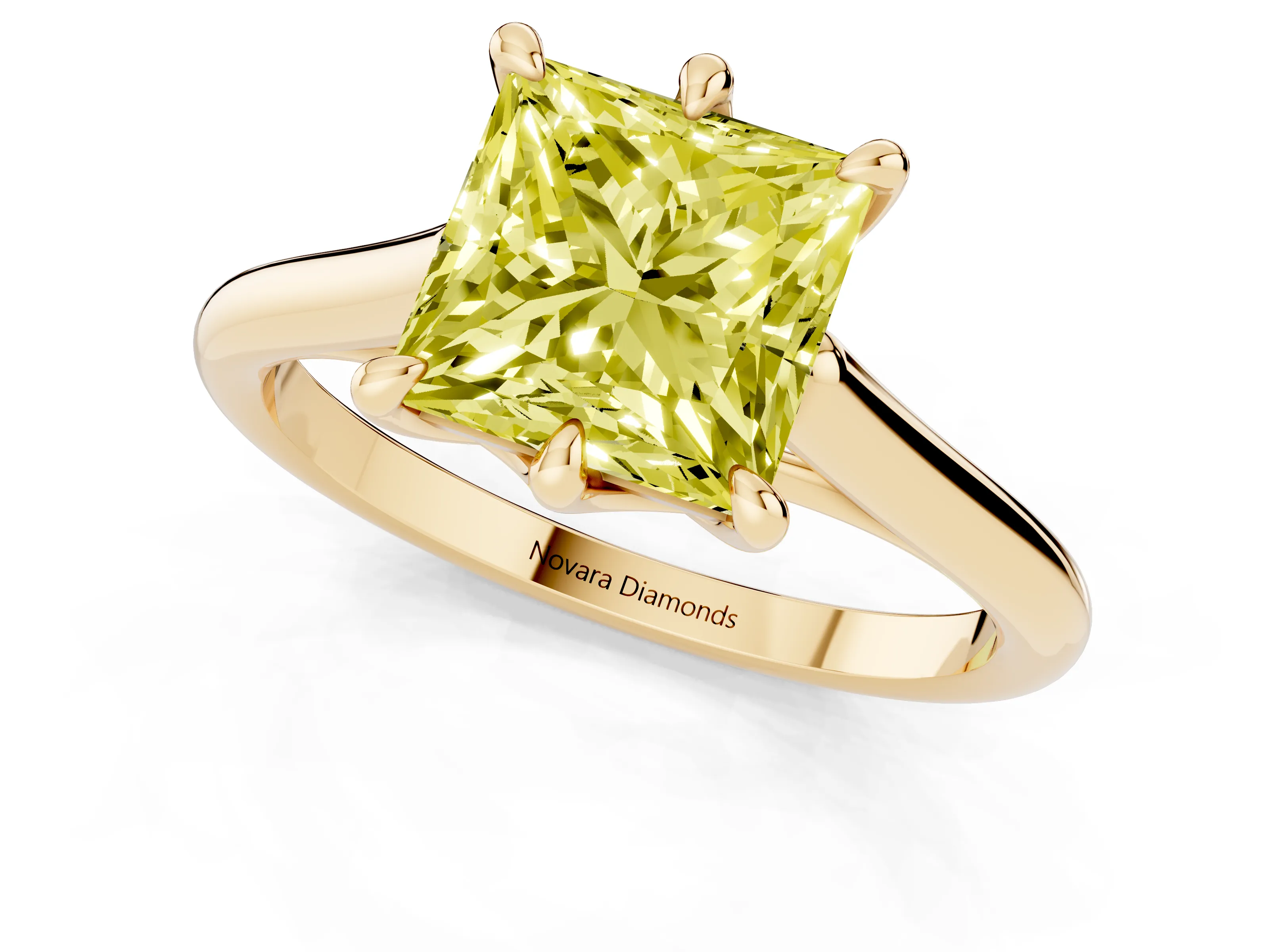 Fancy Yellow Princess Cut Diamond Solitaire Engagement Ring Set in Yellow gold with Prong Setting and Plain Classic Band
