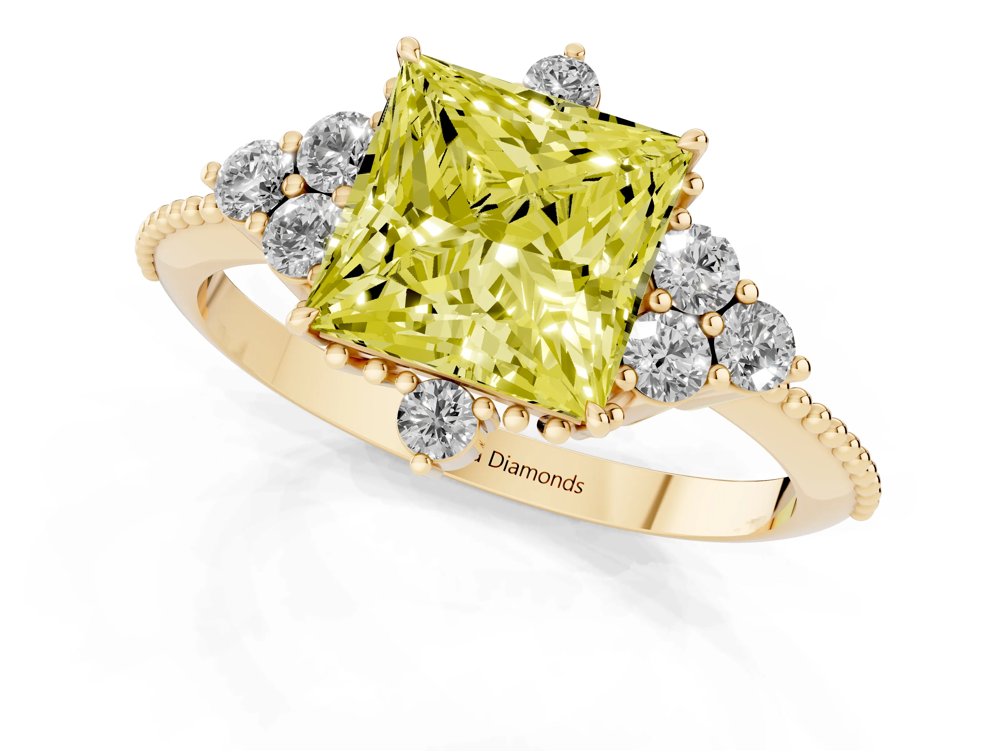Fancy Yellow Princess Cut Diamond Cluster Ring Set in Yellow gold with Beaded Band