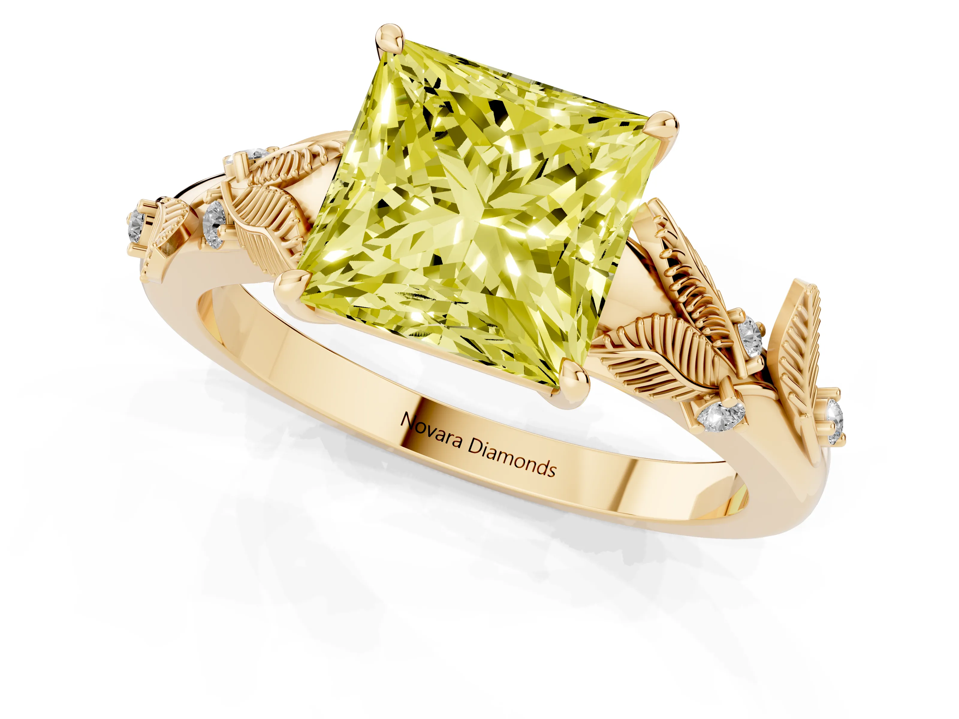 Fancy Yellow Princess Cut Diamond Solitaire Ring Set in Yellow gold with Leaf Motif Band