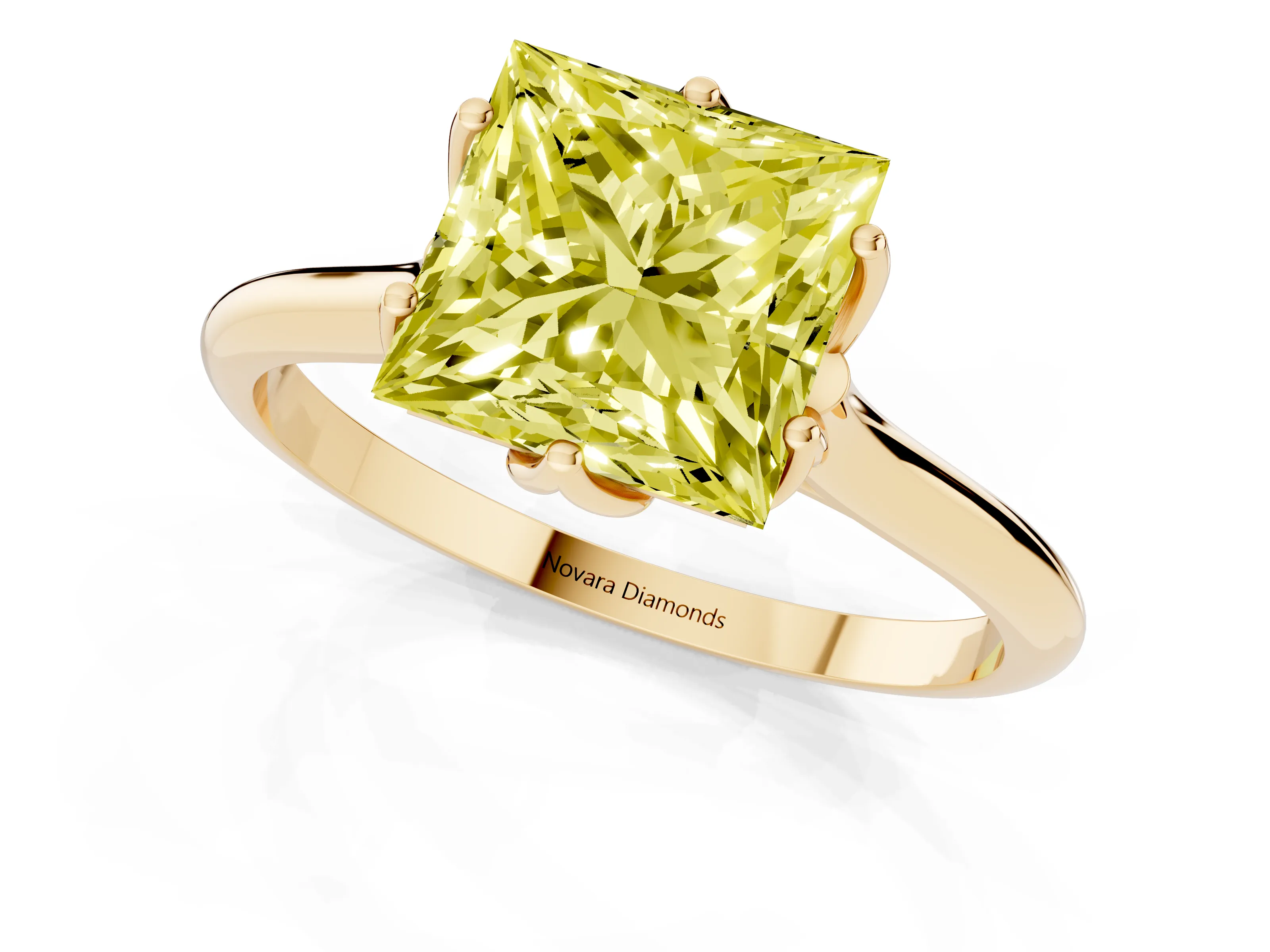 Fancy Yellow Princess Cut Diamond Solitaire Cathedral Ring Set in Yellow gold with Prong Setting