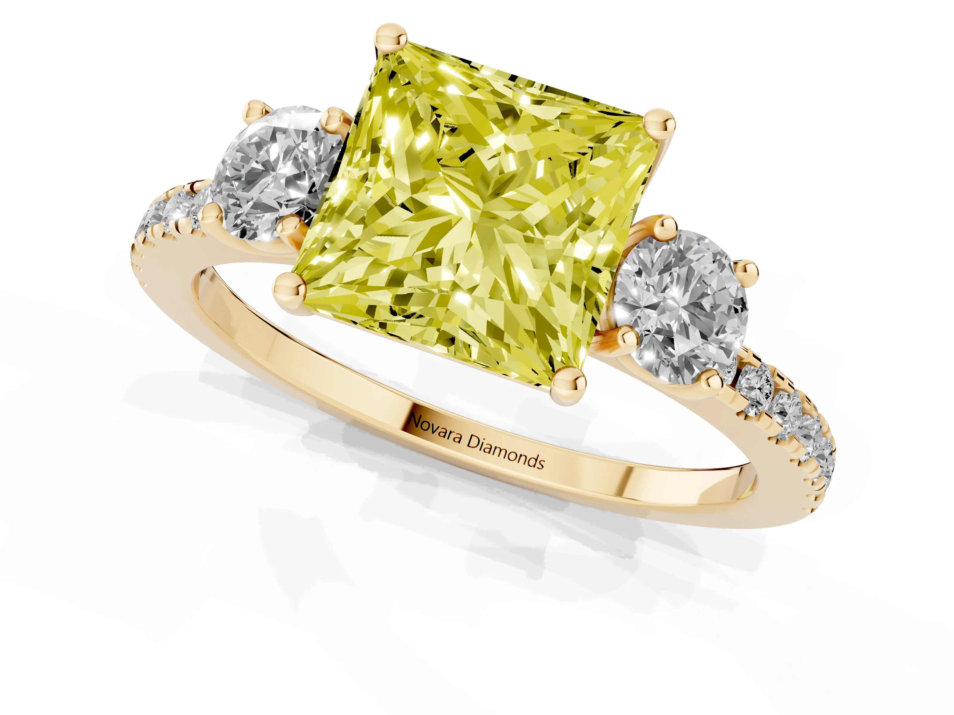 Fancy Yellow Princess Cut Diamond Three-Stone Ring Set in Yellow gold with Pavé Band and Graduated Sides