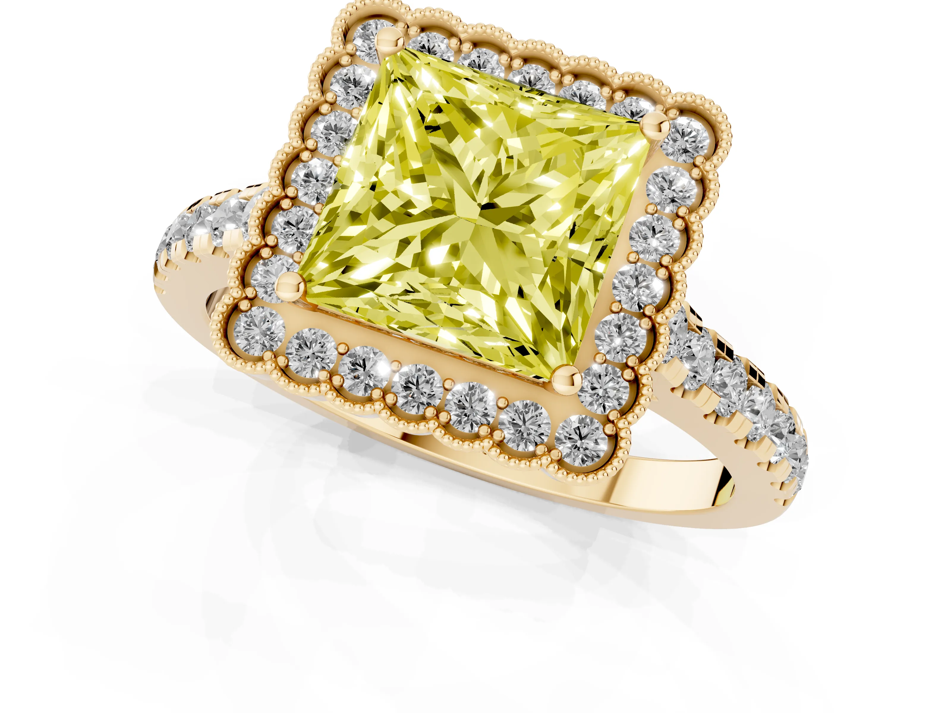 Fancy Yellow Princess Cut Diamond Milgrain Floral Halo Engagement Ring Set in Yellow gold with Pavé Band