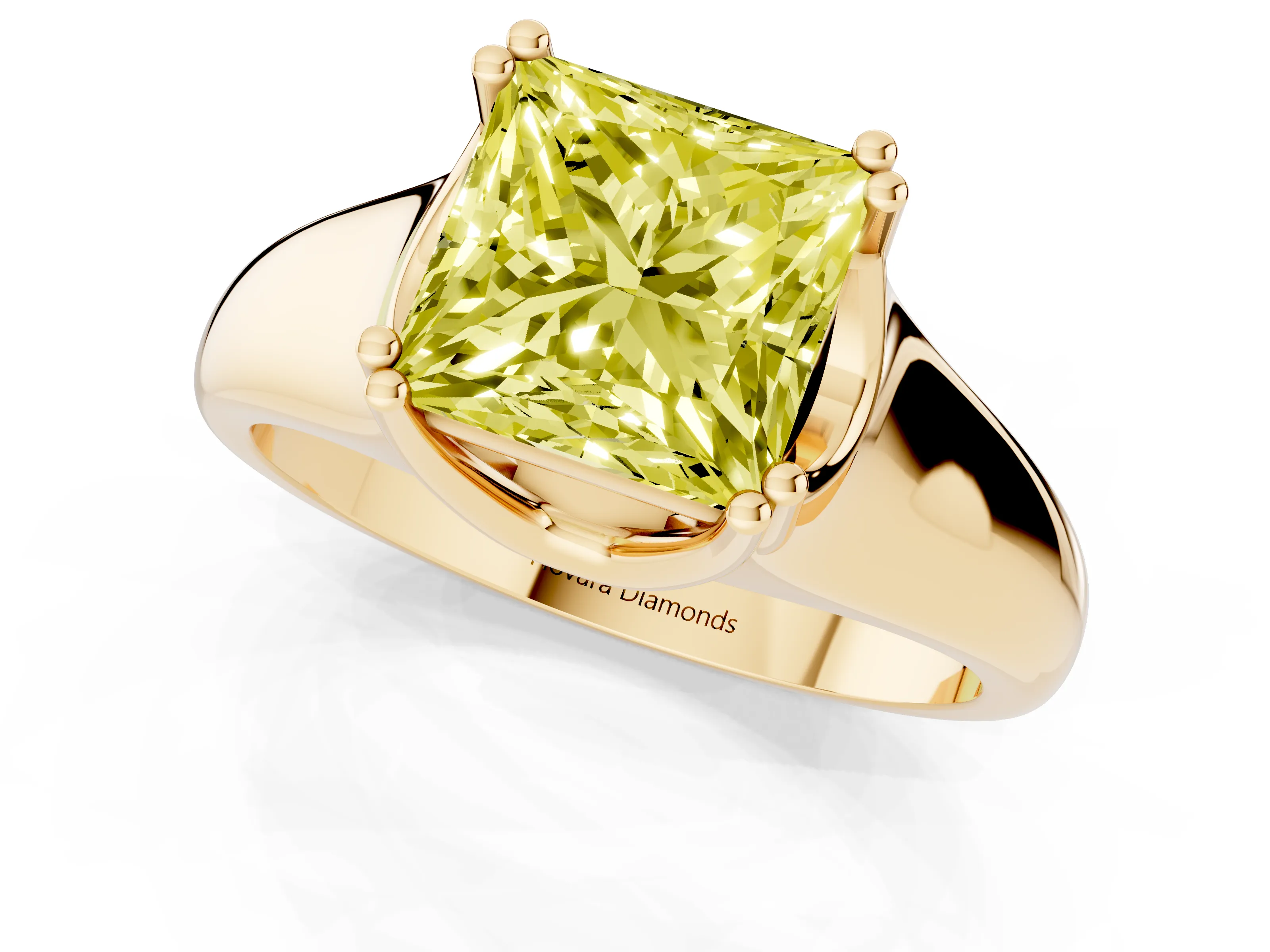 Fancy Yellow Princess Cut Diamond Solitaire Ring Set in Yellow gold with Wide Band and Prong Setting