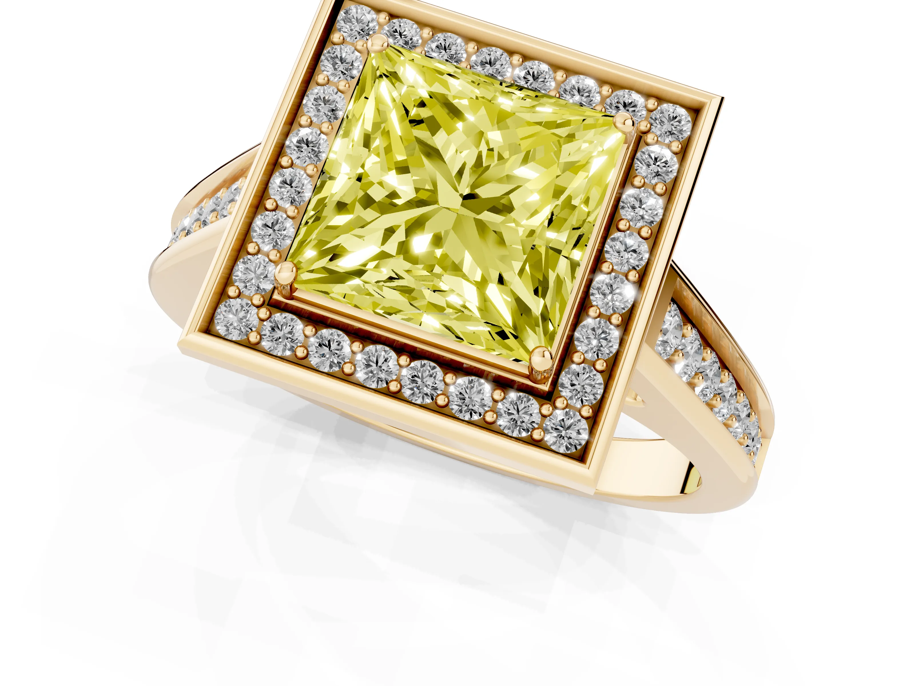Fancy Yellow Princess Cut Diamond Halo Solitaire Ring Set in Yellow gold with Pavé Band and Bezel Setting