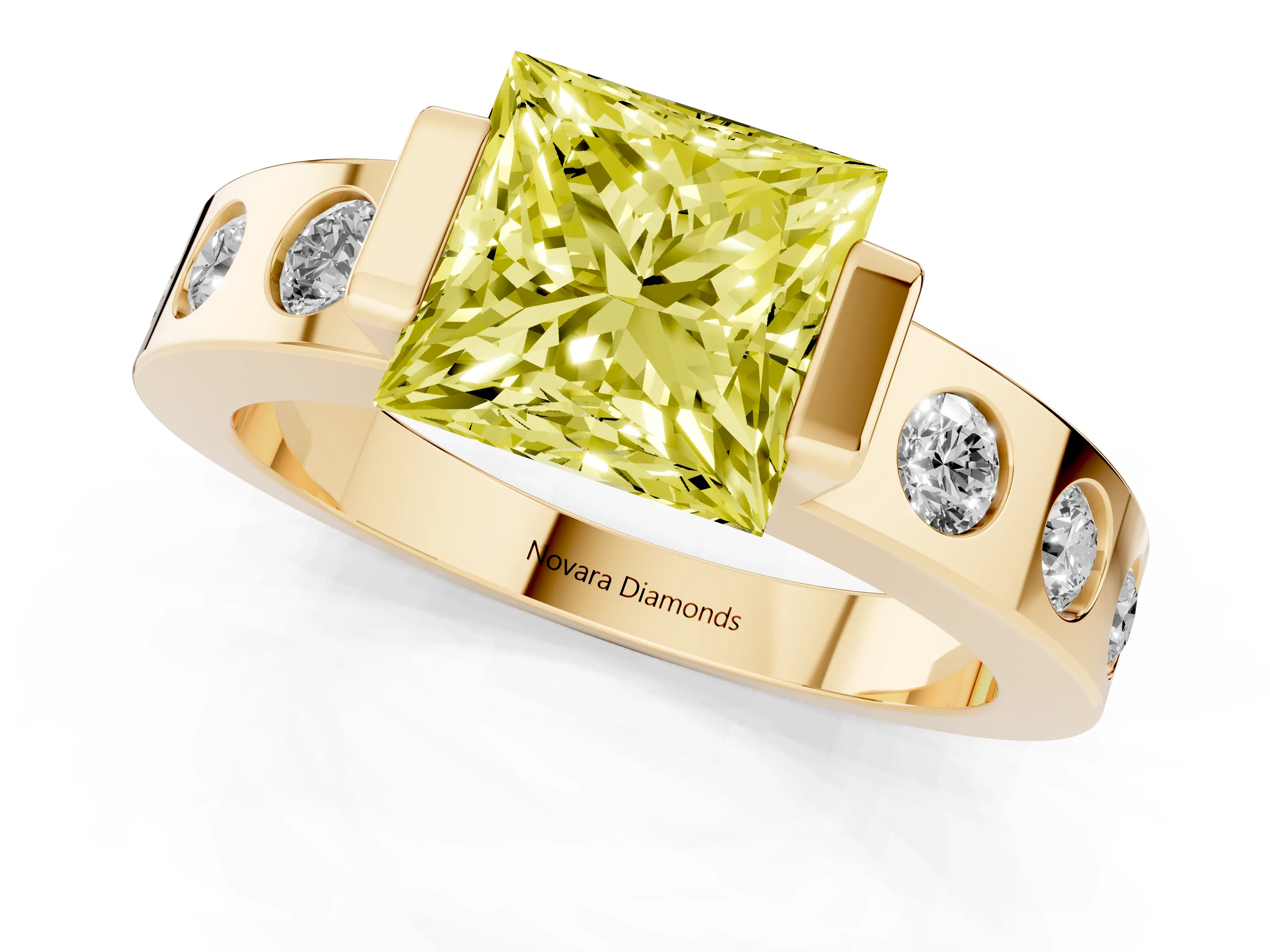 Fancy Yellow Princess Cut Diamond Channel-Set Band Ring Set in Yellow gold with Bezel Prong Setting