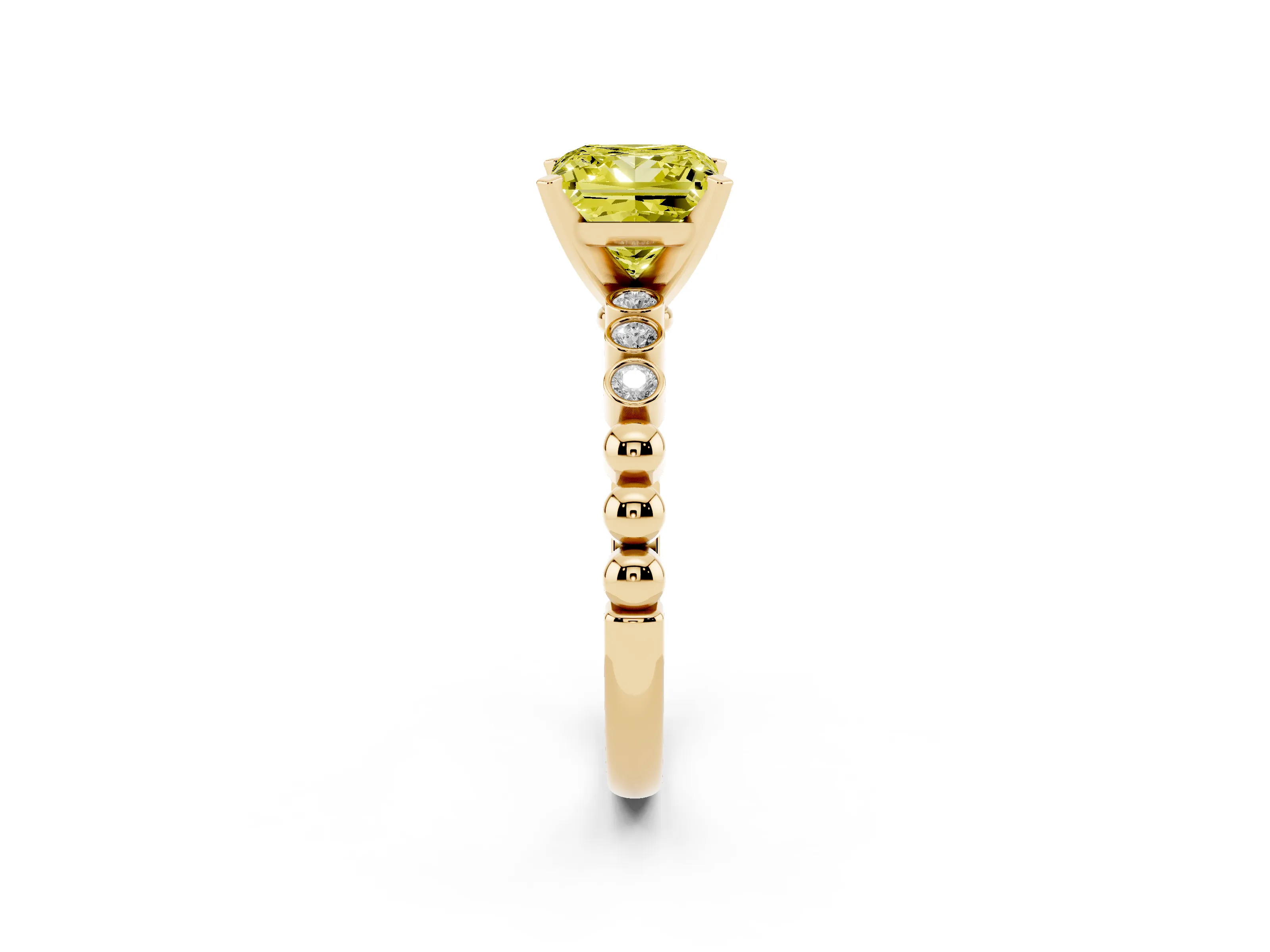 Fancy Yellow Princess Cut Diamond Solitaire Engagement Ring Set in Yellow gold with Bezel Accents on Beaded Band