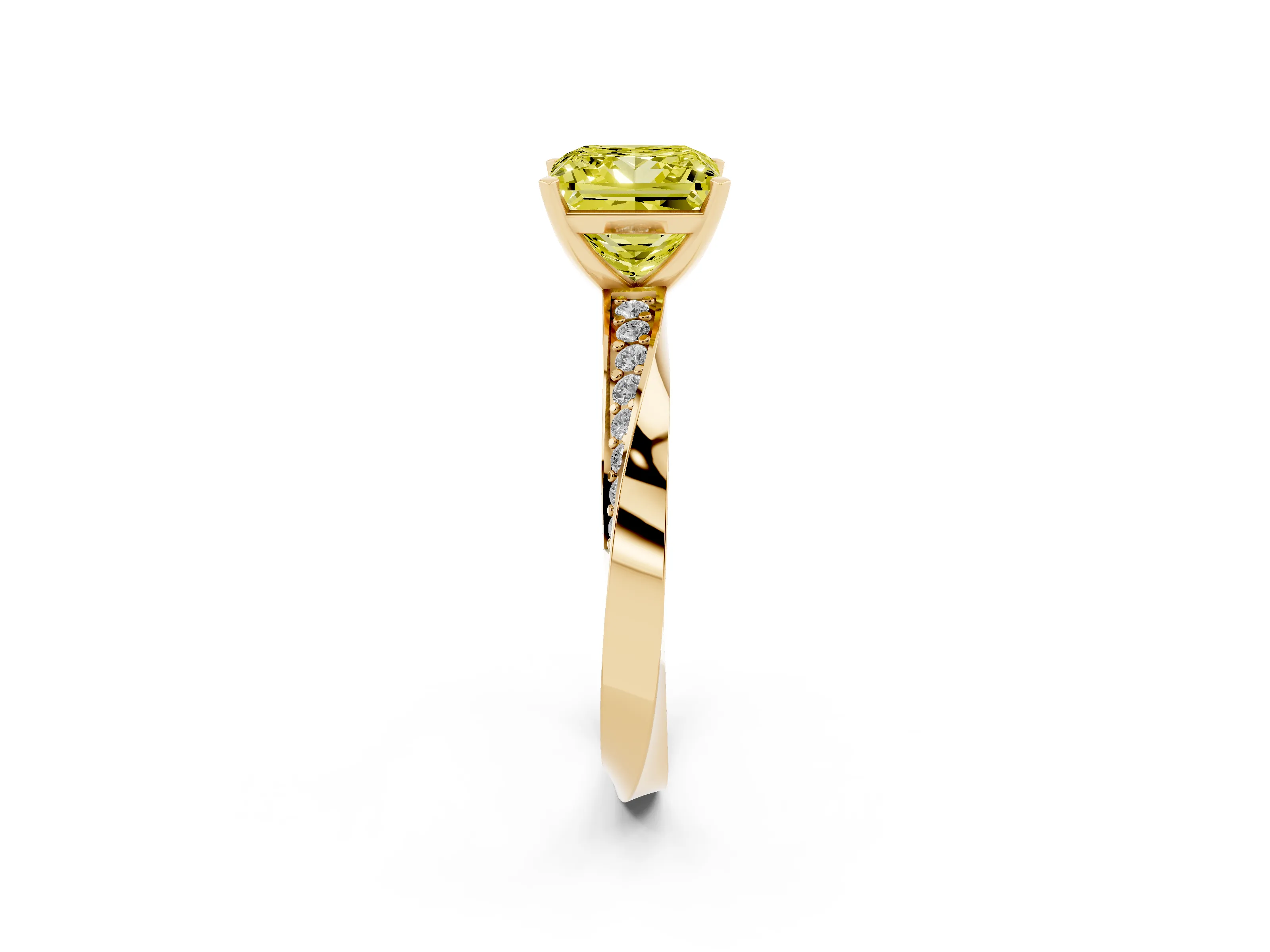 Fancy Yellow Princess Cut Diamond Engagement Ring Set in Yellow gold with Side Stone Accents and Prong Setting