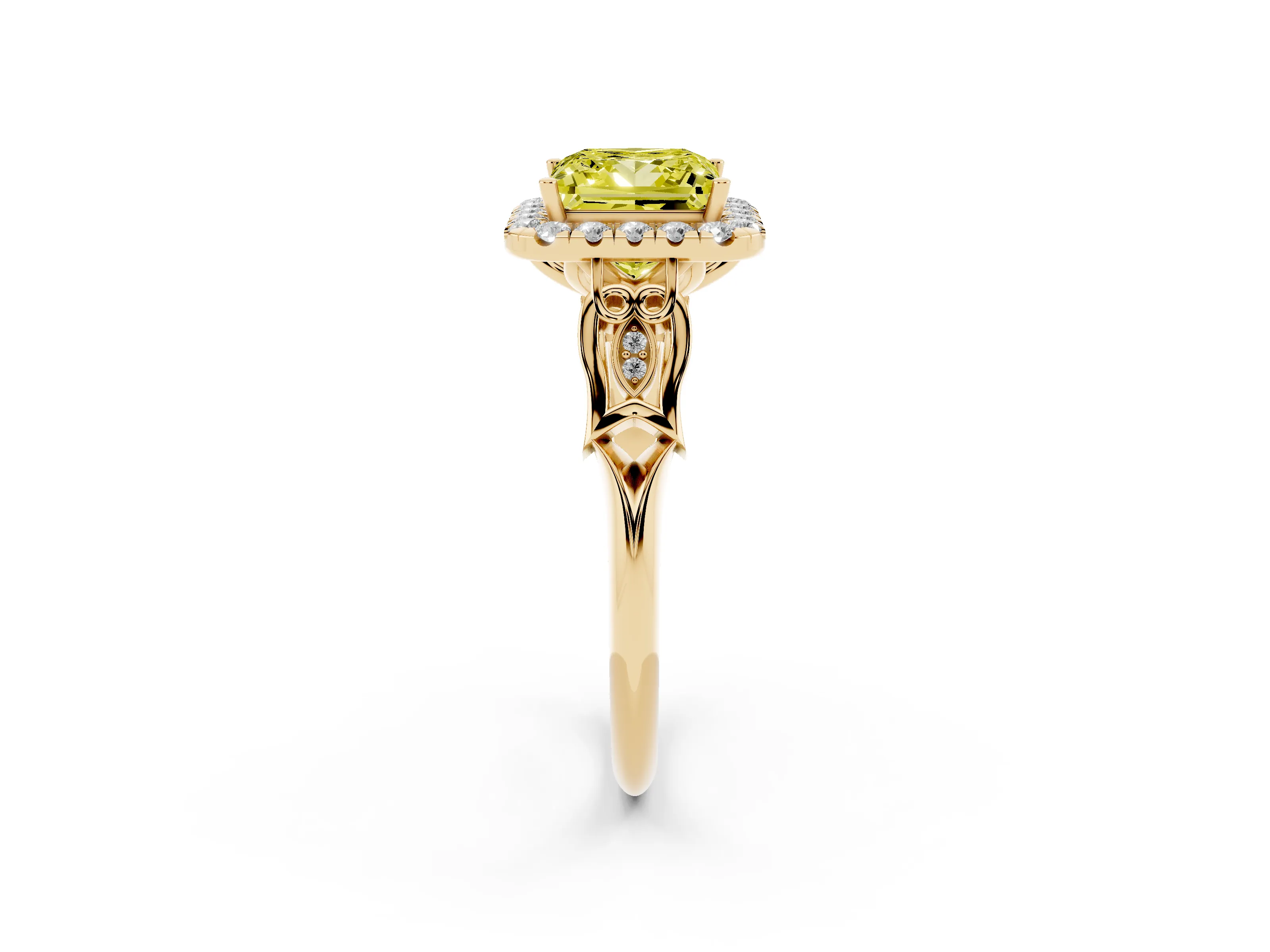 Fancy Yellow Princess Cut Diamond Halo Engagement Ring Set in Yellow gold with Filigree Band and Prong-Set Center