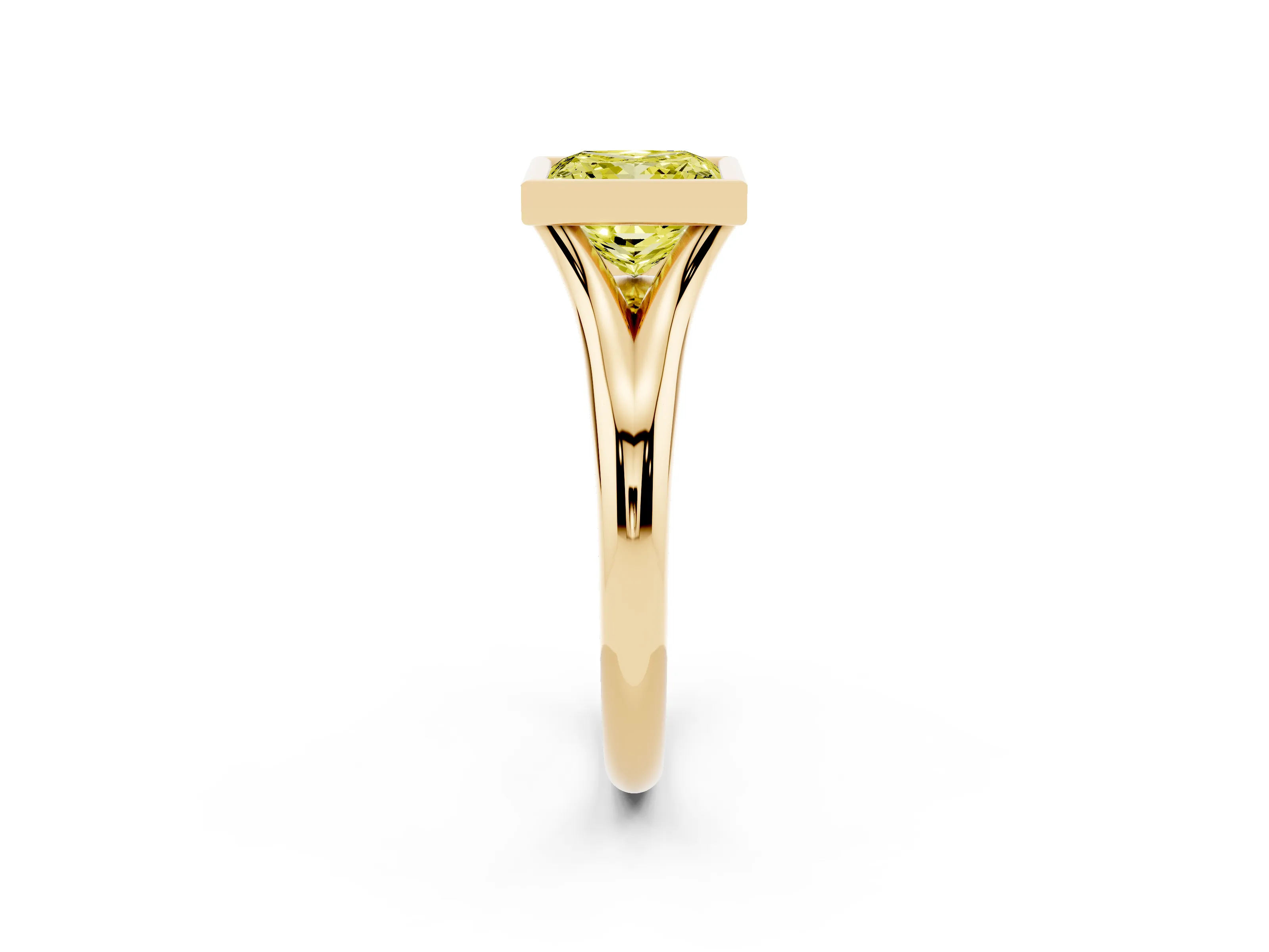 Fancy Yellow Bezel Set Princess Cut Diamond Solitaire Ring Set in Yellow gold with Smooth Band