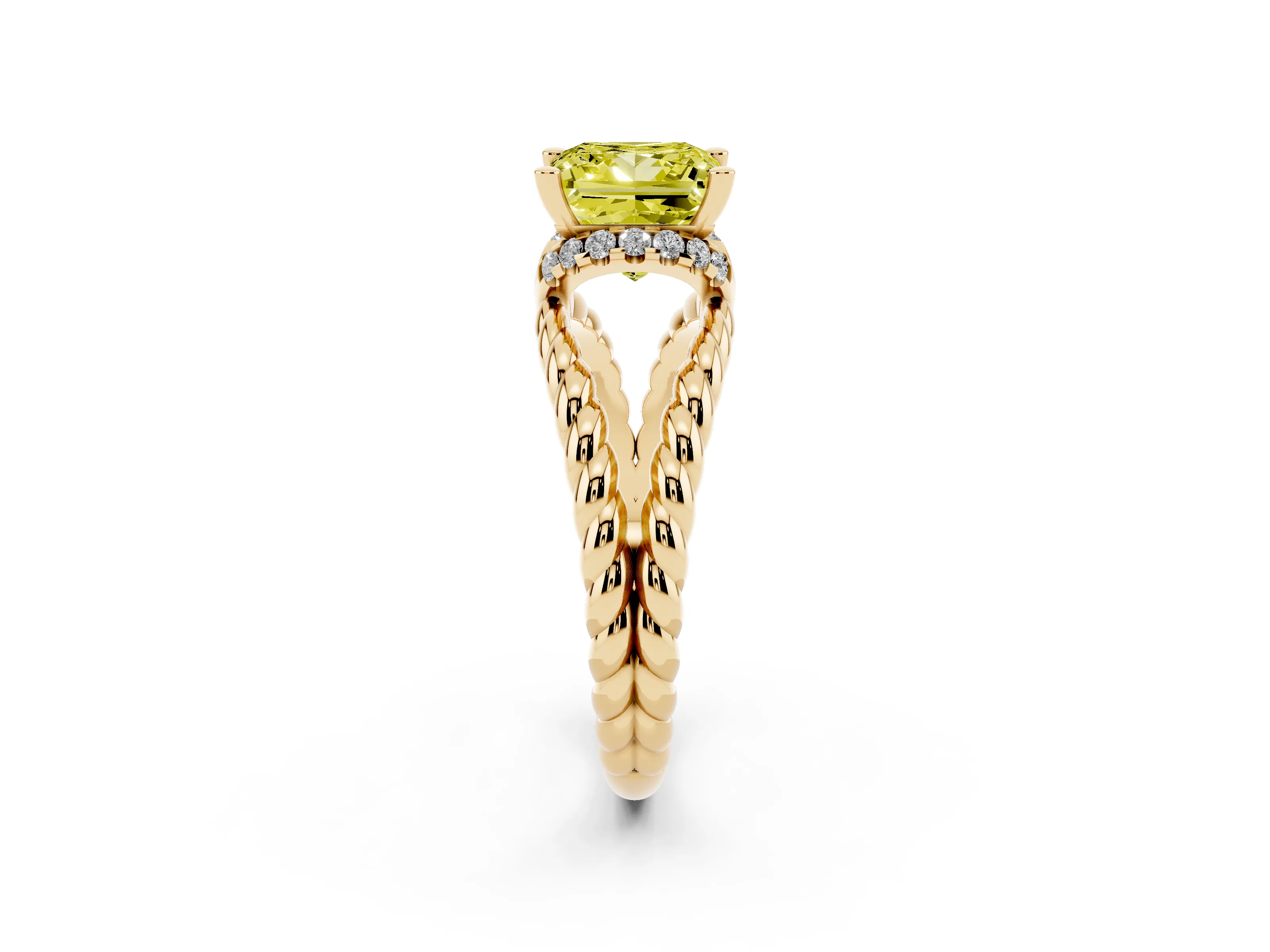 Fancy Yellow Princess Cut Diamond Halo Ring Set in Yellow gold with Twisted Band and Prong Setting